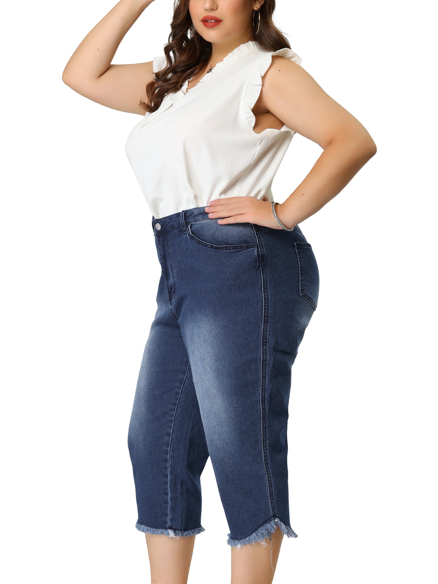Women Plus Size Capri Jean Shorts Summer Mid Rise Stretchy Straight Leg Denim Jeggings with Pockets