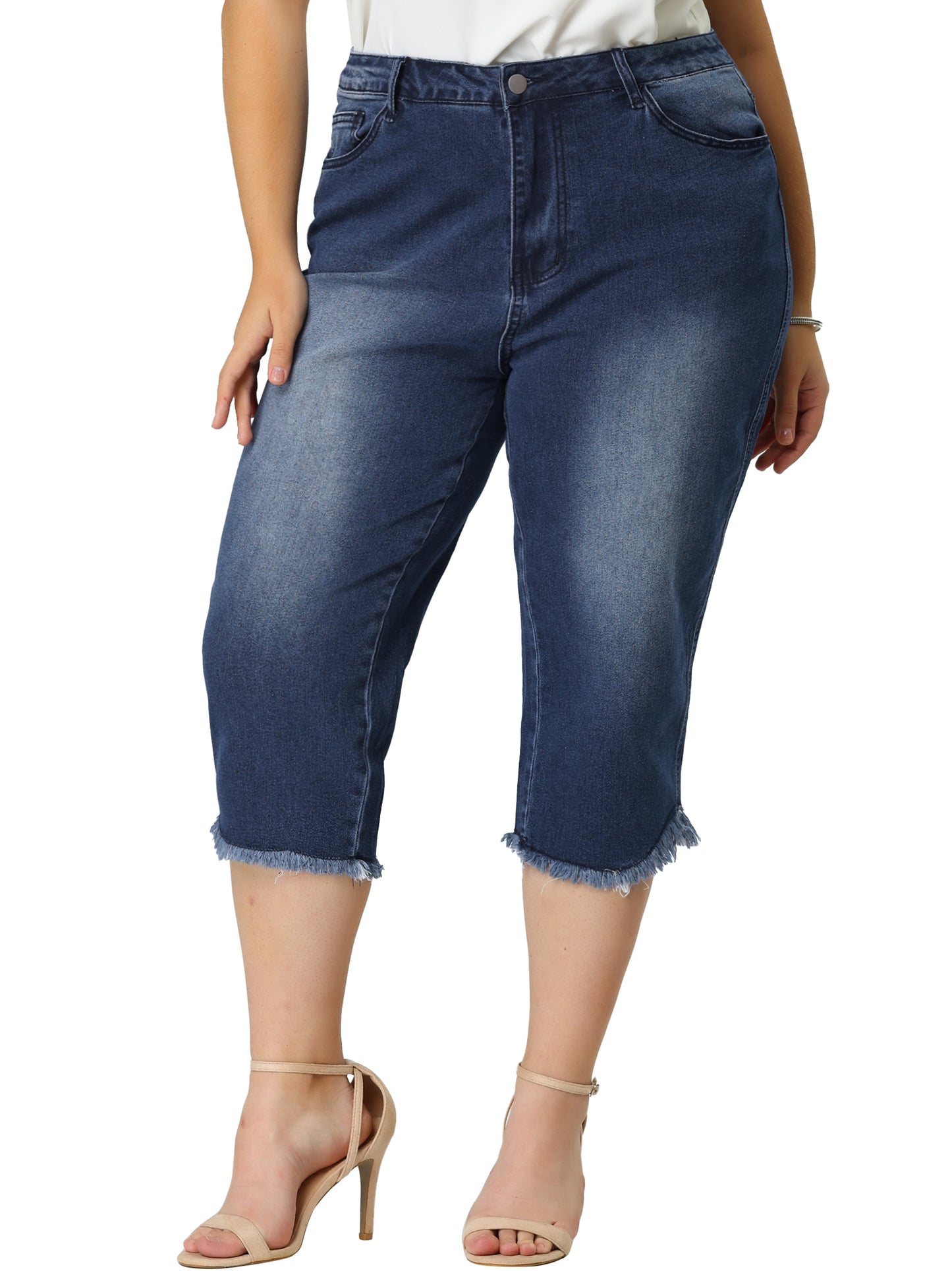 Women Plus Size Capri Jean Shorts Summer Mid Rise Stretchy Straight Leg Denim Jeggings with Pockets