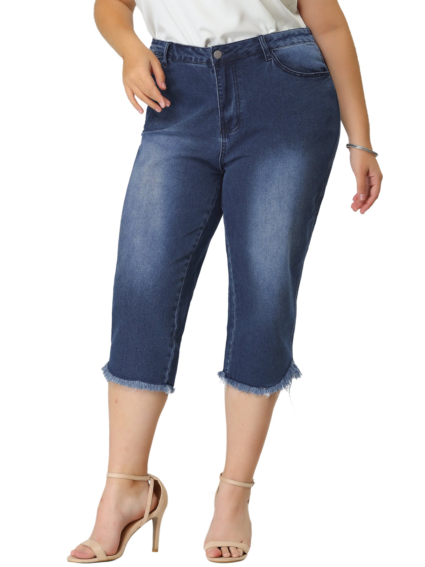 Women Plus Size Capri Jean Shorts Summer Mid Rise Stretchy Straight Leg Denim Jeggings with Pockets
