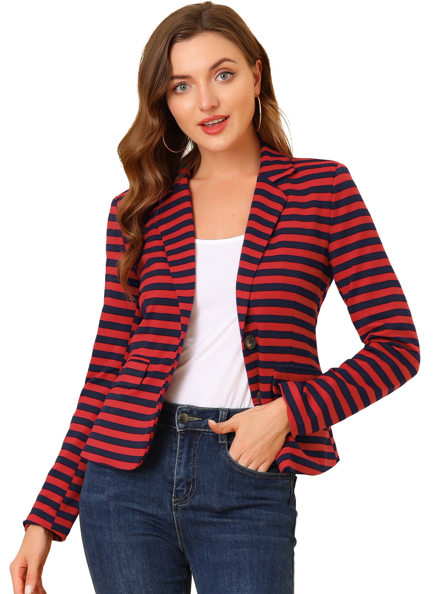 Women's Business Casual Notched Lapel Pocket Button Closure Striped Blazer (Available in Plus Size)