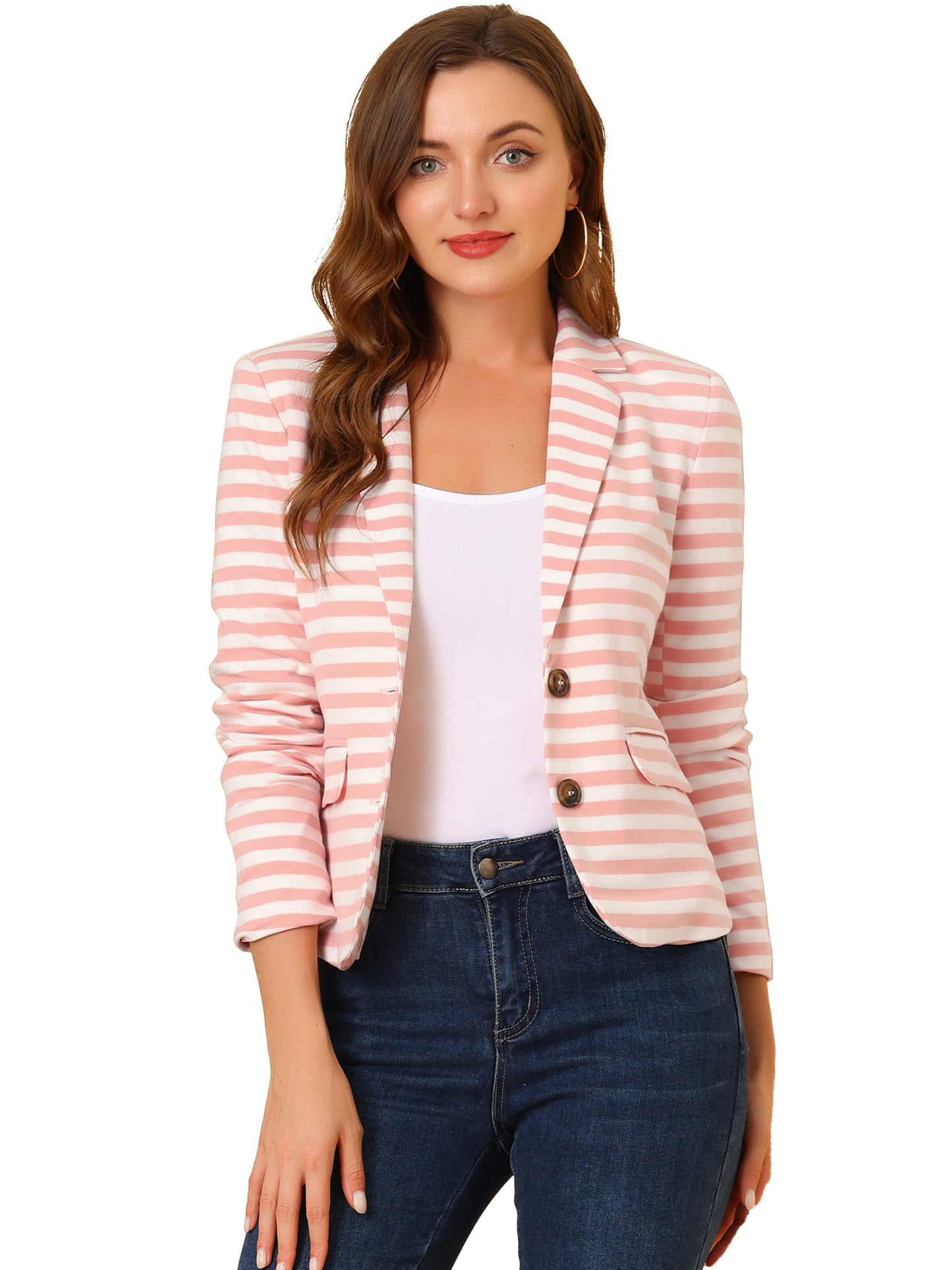 Women's Business Casual Notched Lapel Pocket Button Closure Striped Blazer (Available in Plus Size)
