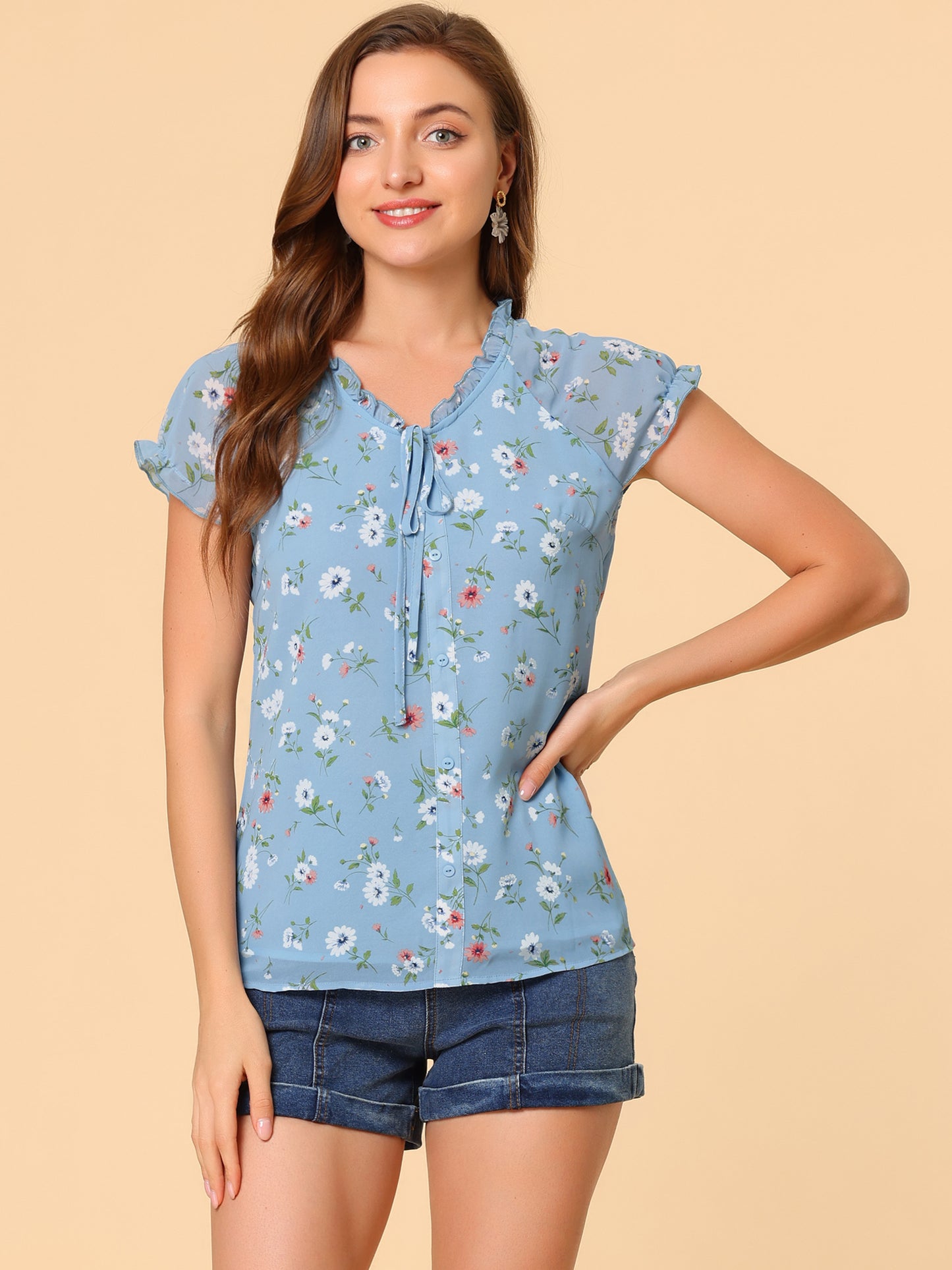 Blusa de gasa con volantes, mangas cortas y cuello en V con estampado floral de verano para mujer