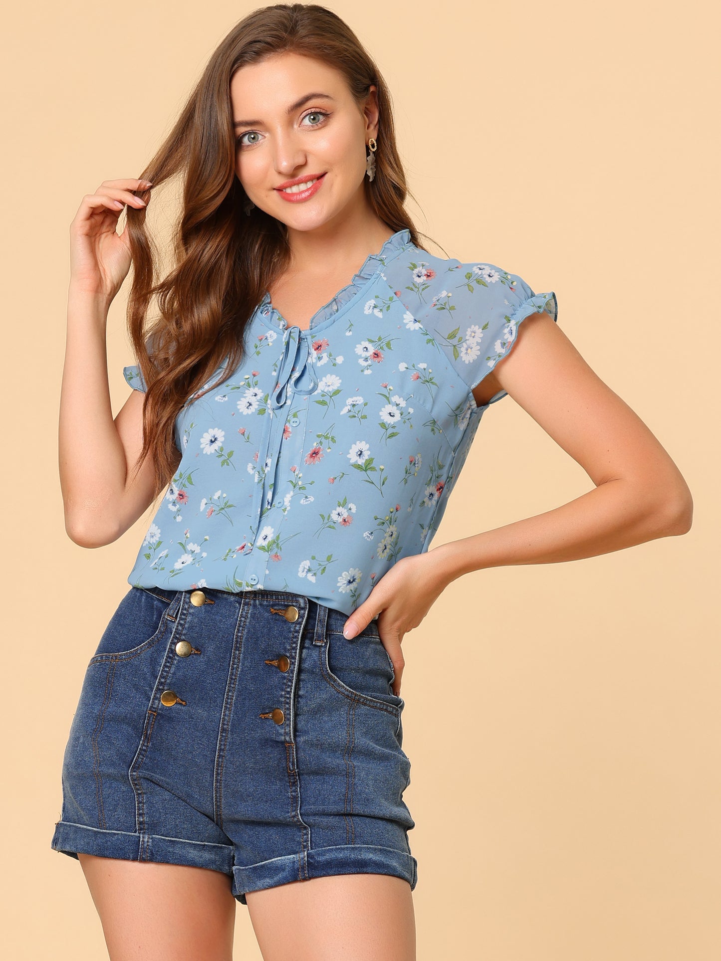 Blusa de gasa con volantes, mangas cortas y cuello en V con estampado floral de verano para mujer
