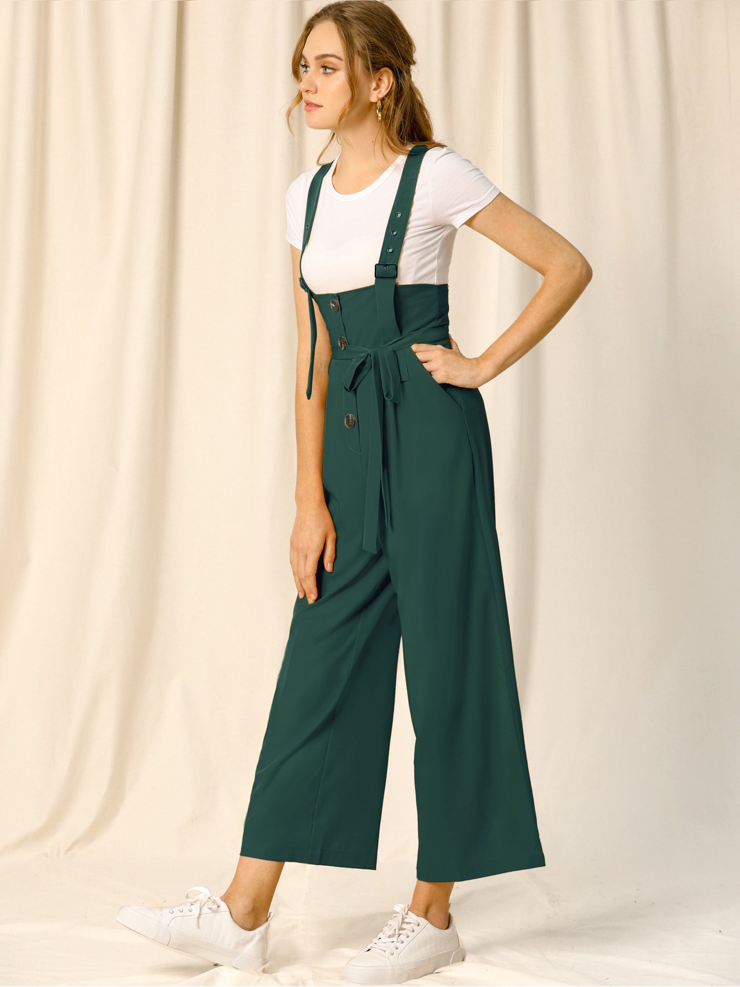 Women's Wide Leg Overalls Loose Fit Belted High Waist Suspenders Jumpsuits