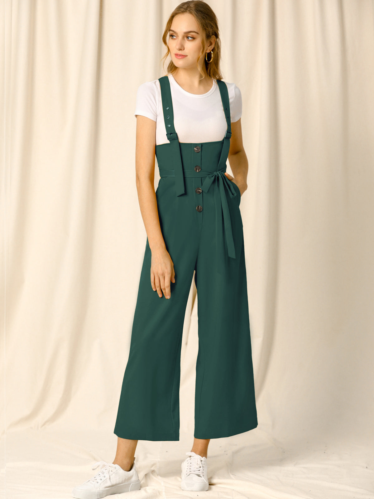 Women's Wide Leg Overalls Loose Fit Belted High Waist Suspenders Jumpsuits