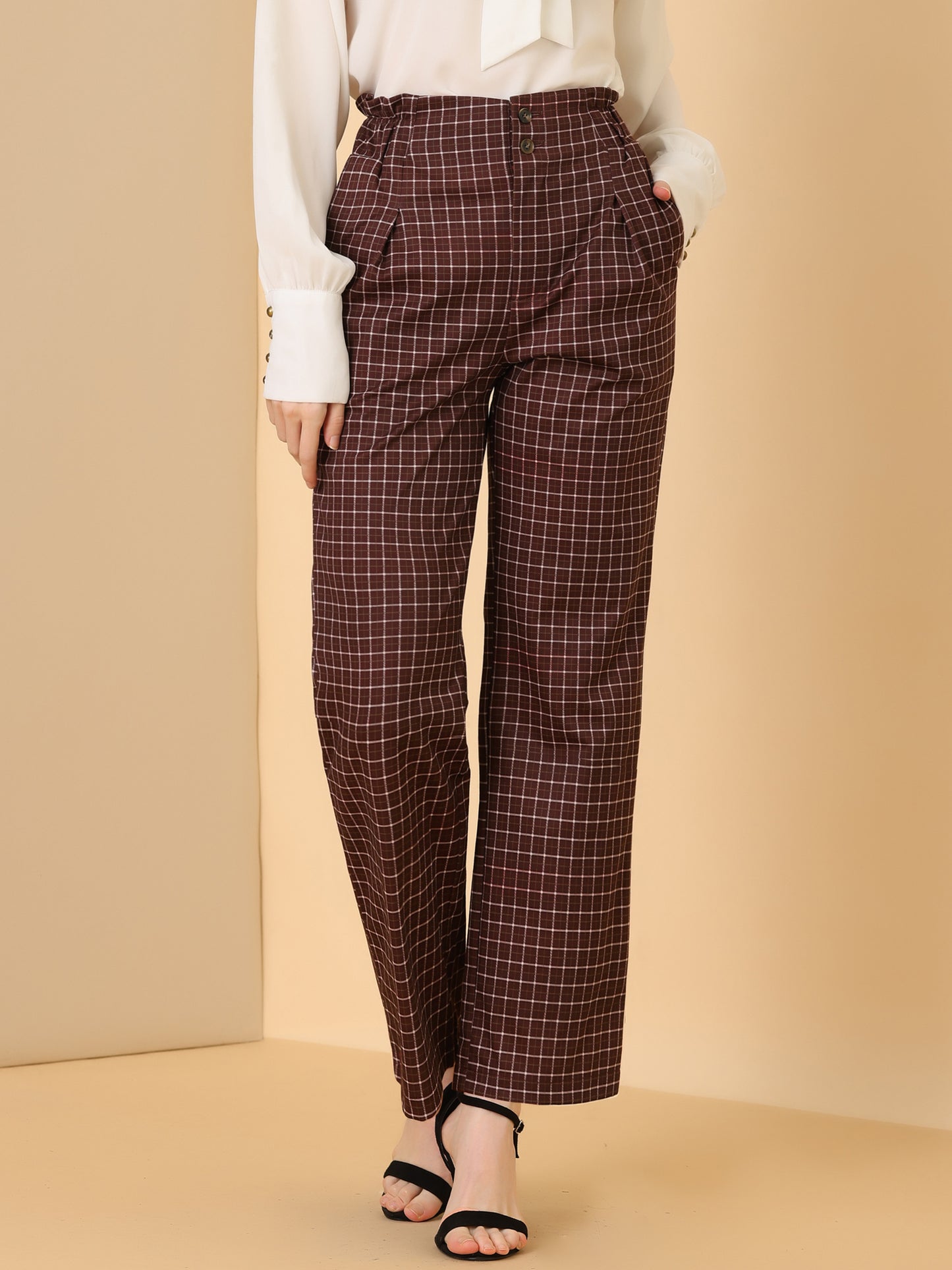 Women's High Waist Casual Plaid Tartan Straight Leg Long Pants