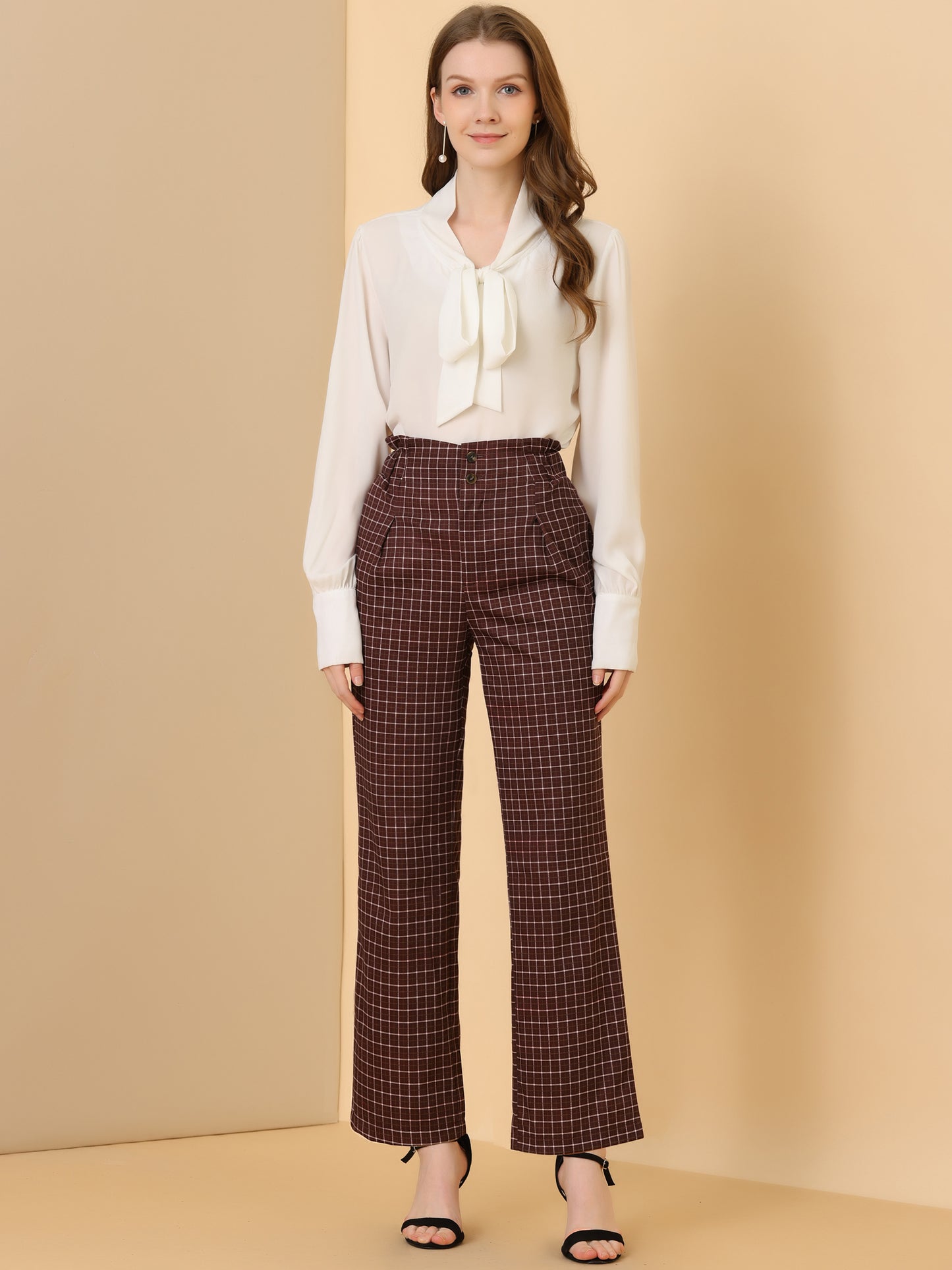Women's High Waist Casual Plaid Tartan Straight Leg Long Pants