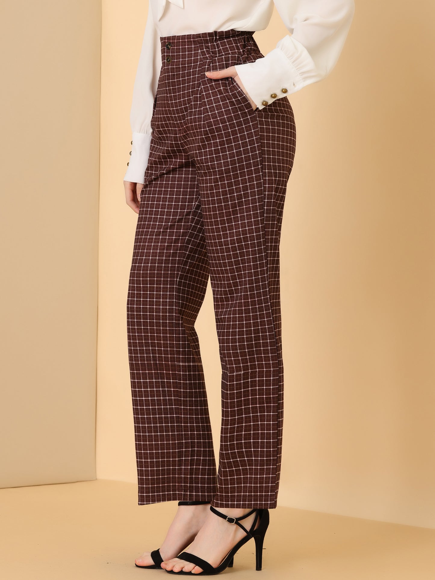 Women's High Waist Casual Plaid Tartan Straight Leg Long Pants