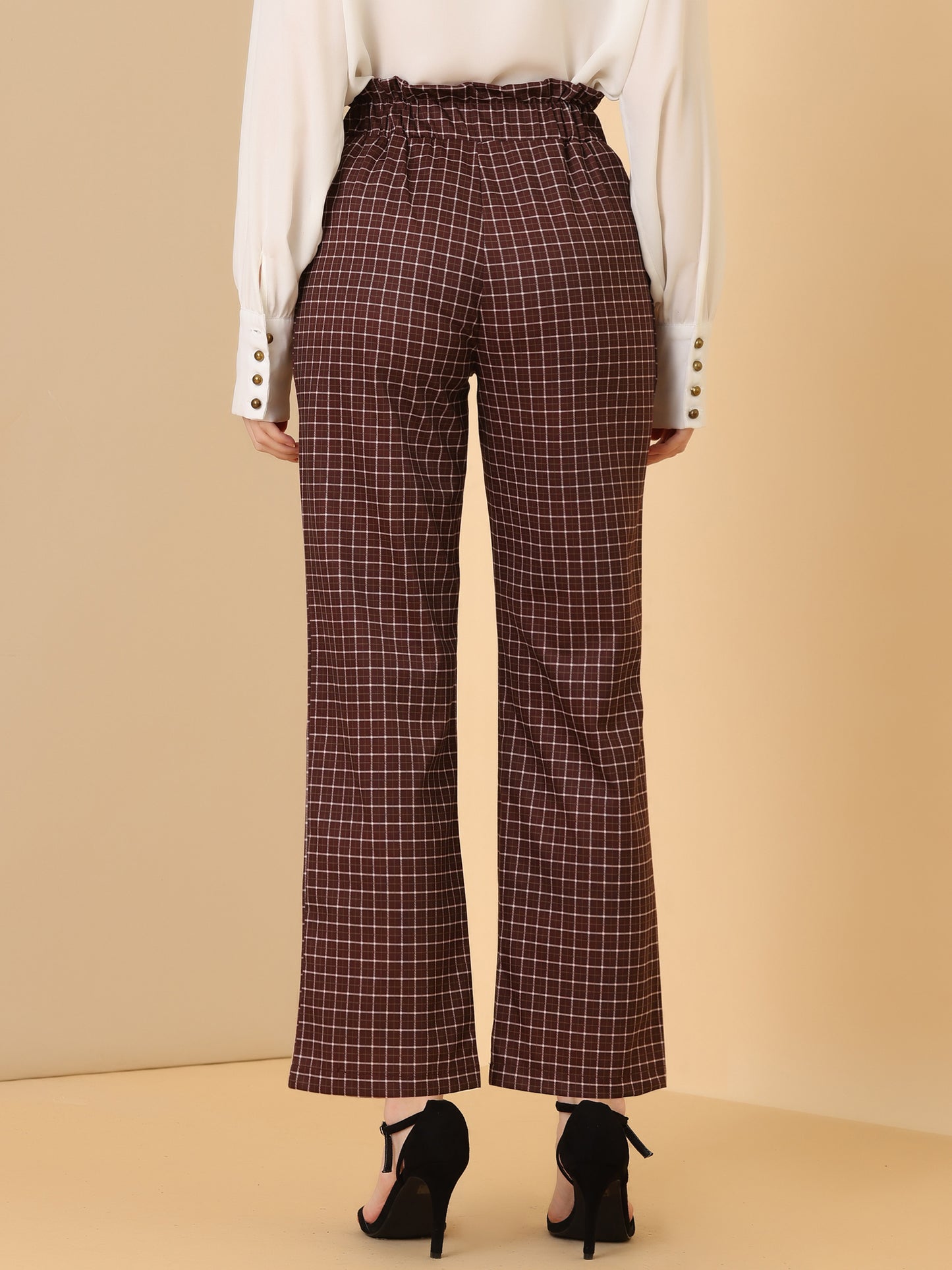 Women's High Waist Casual Plaid Tartan Straight Leg Long Pants