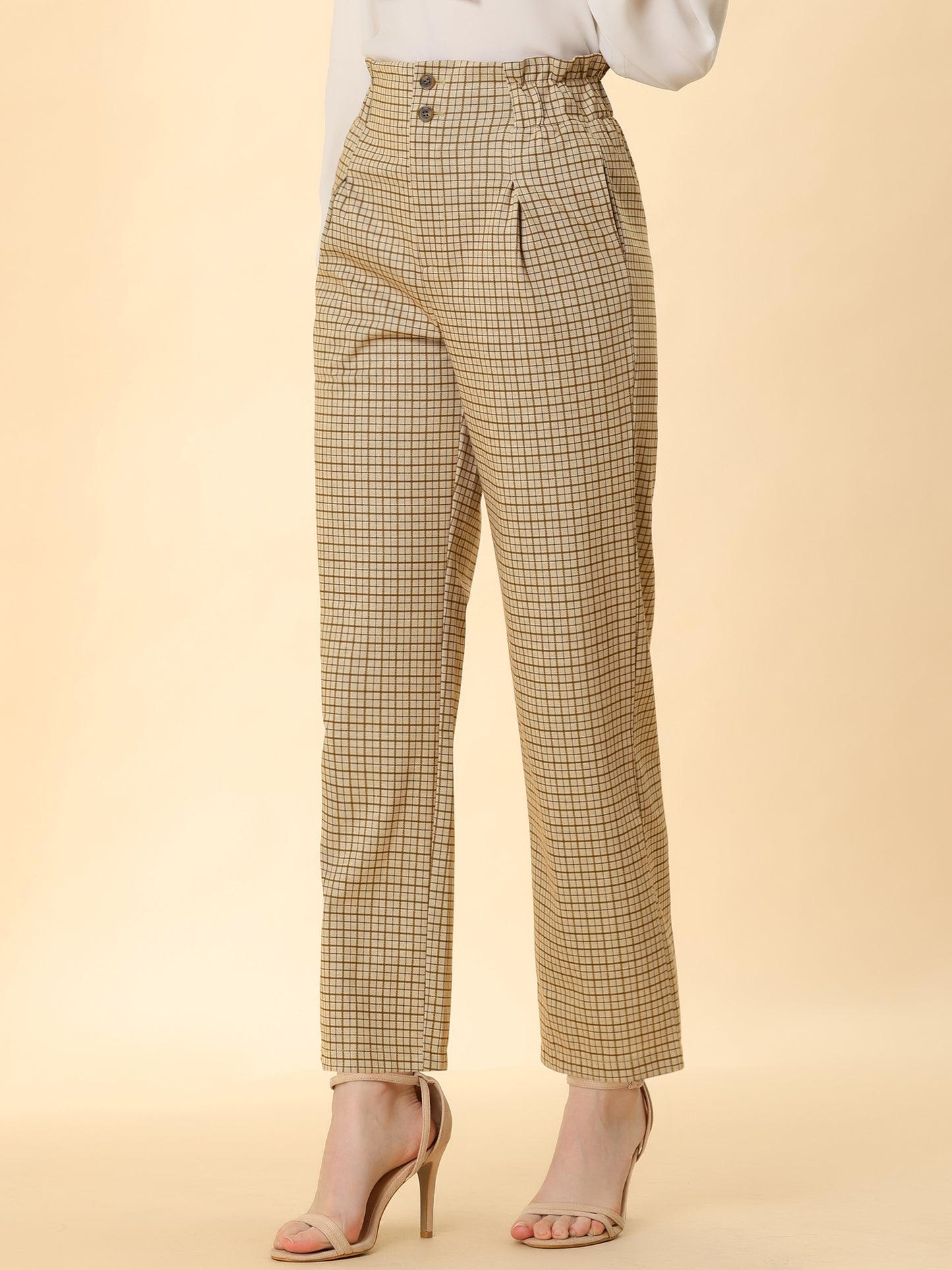 Women's High Waist Casual Plaid Tartan Straight Leg Long Pants