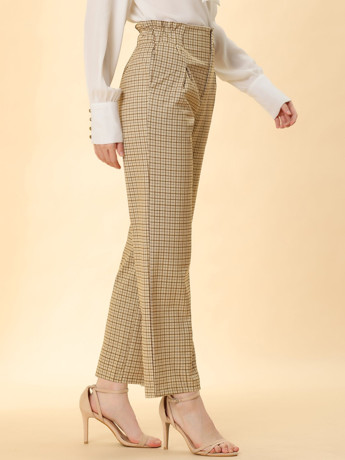 Women's High Waist Casual Plaid Tartan Straight Leg Long Pants