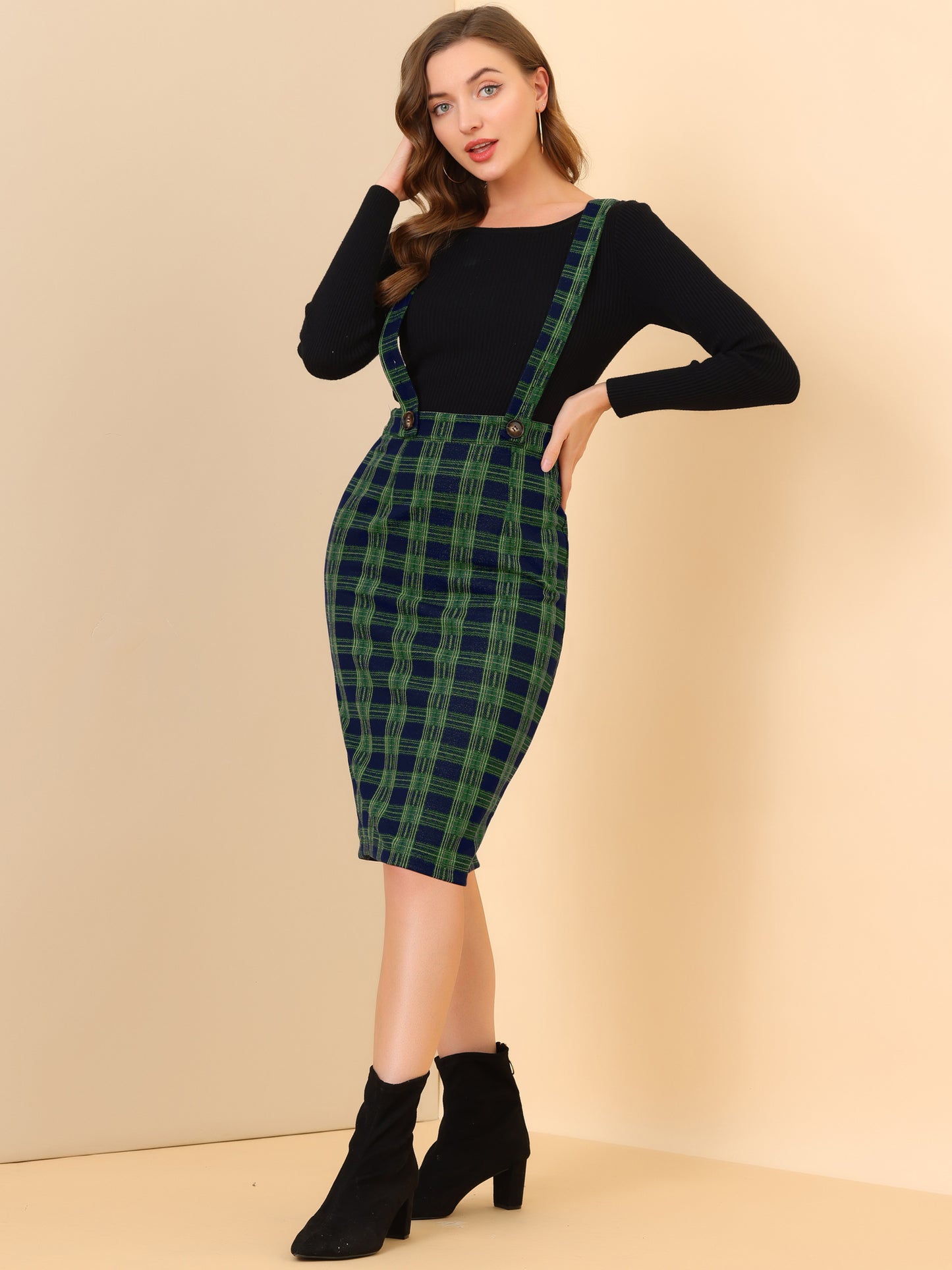 Women's Plaid Overall Pencil Braces Suspender Skirt