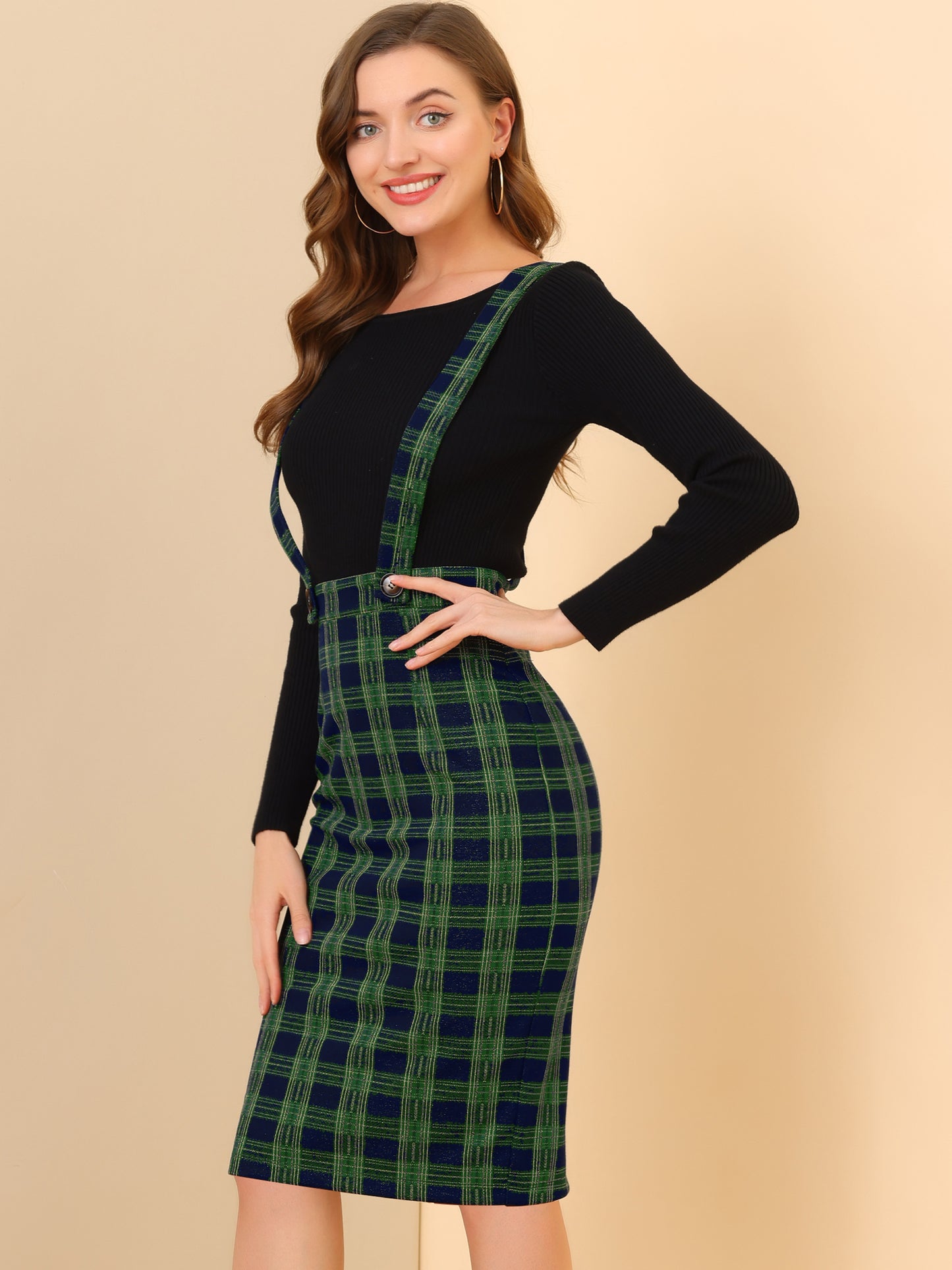 Women's Plaid Overall Pencil Braces Suspender Skirt