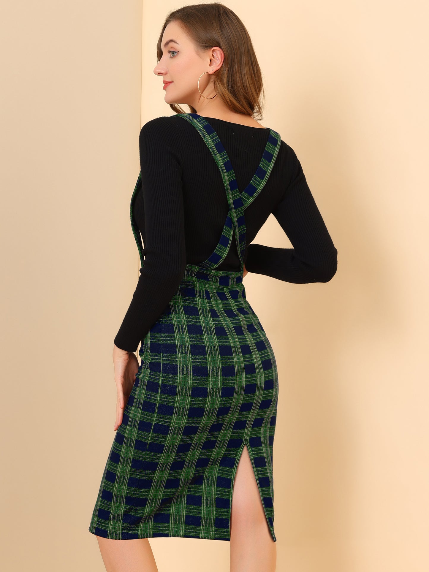 Women's Plaid Overall Pencil Braces Suspender Skirt