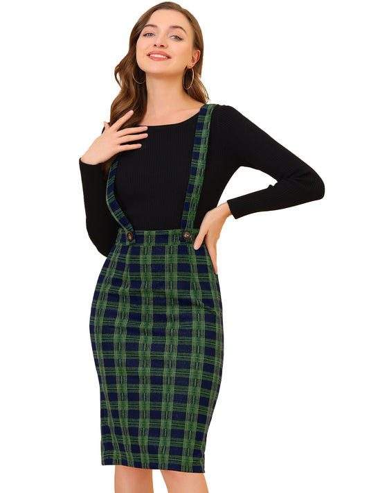 Women's Plaid Overall Pencil Braces Suspender Skirt