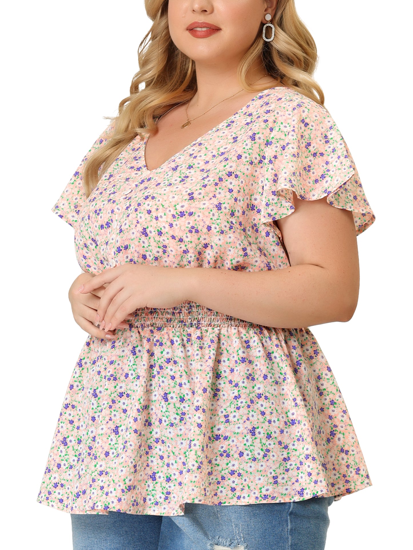 Women Plus Size Blouses Button V Neck Smocked Waist Flare Short Sleeve Peplum Floral Top