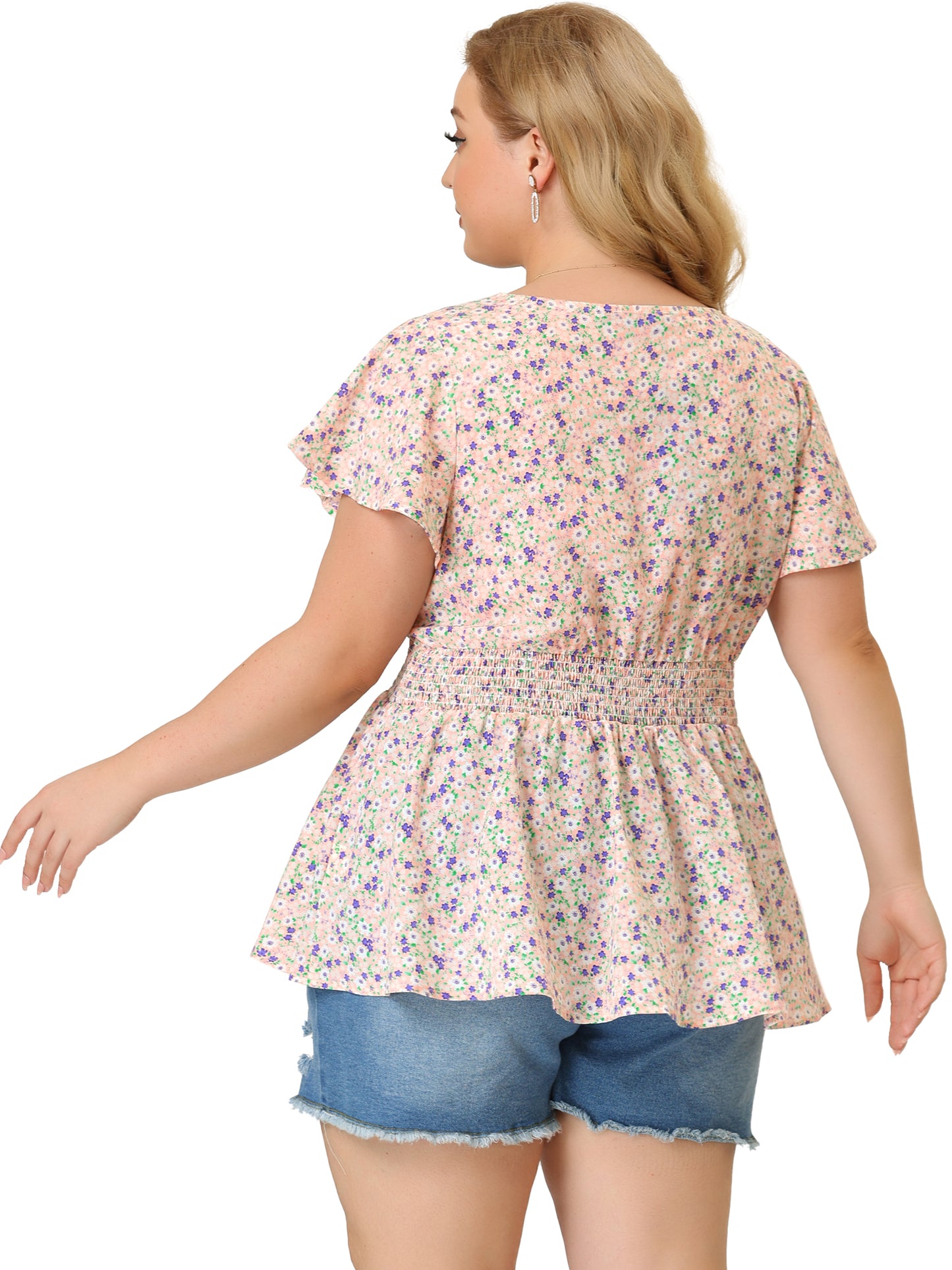 Women Plus Size Blouses Button V Neck Smocked Waist Flare Short Sleeve Peplum Floral Top