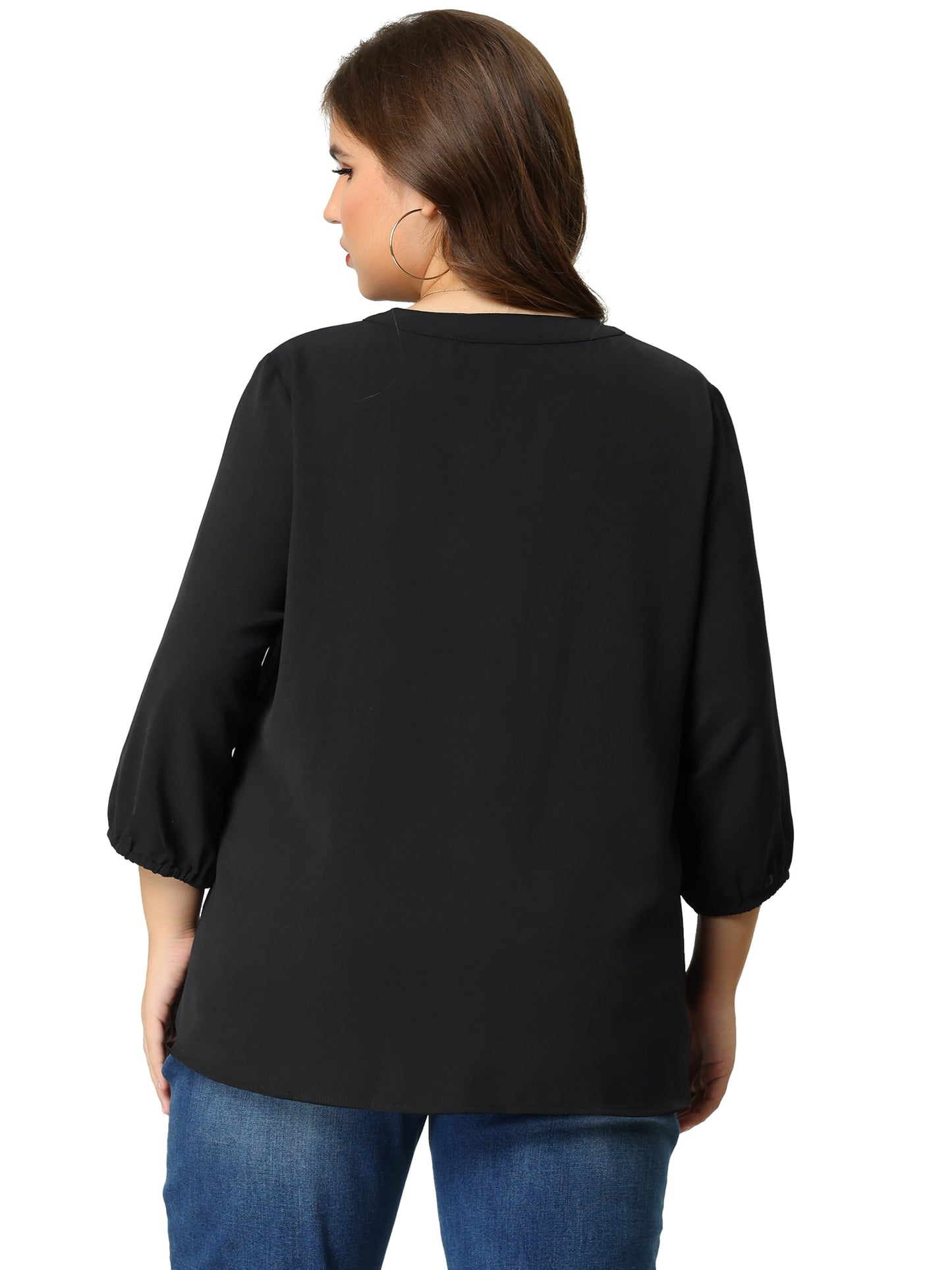 Women Plus Size Top 3/4 Sleeve Work Office Tie Front Ruffle Chiffon Blouse