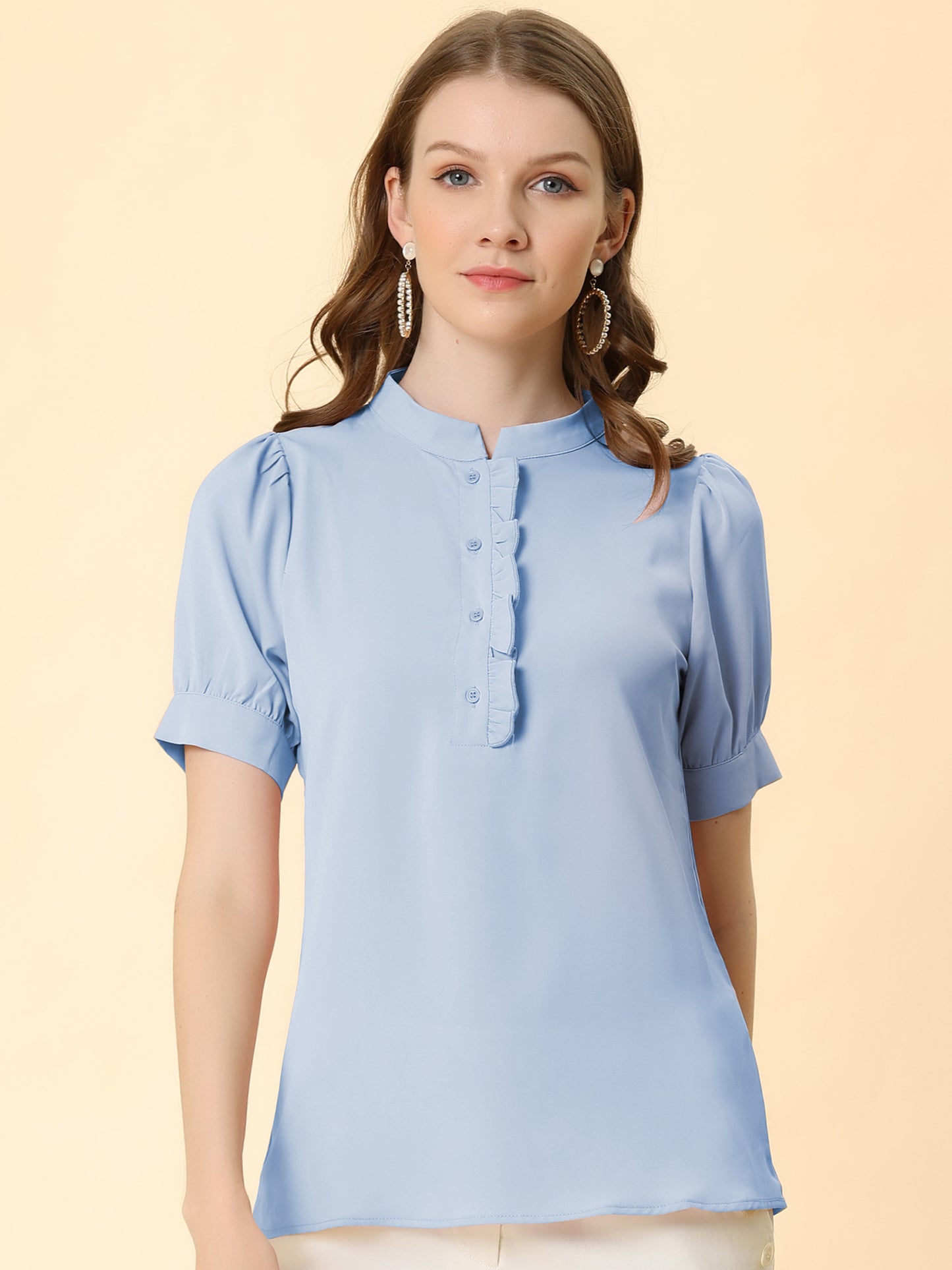 Women's Retrp Workwear Half Placket Puff Sleeve Ruffled Blouse Top