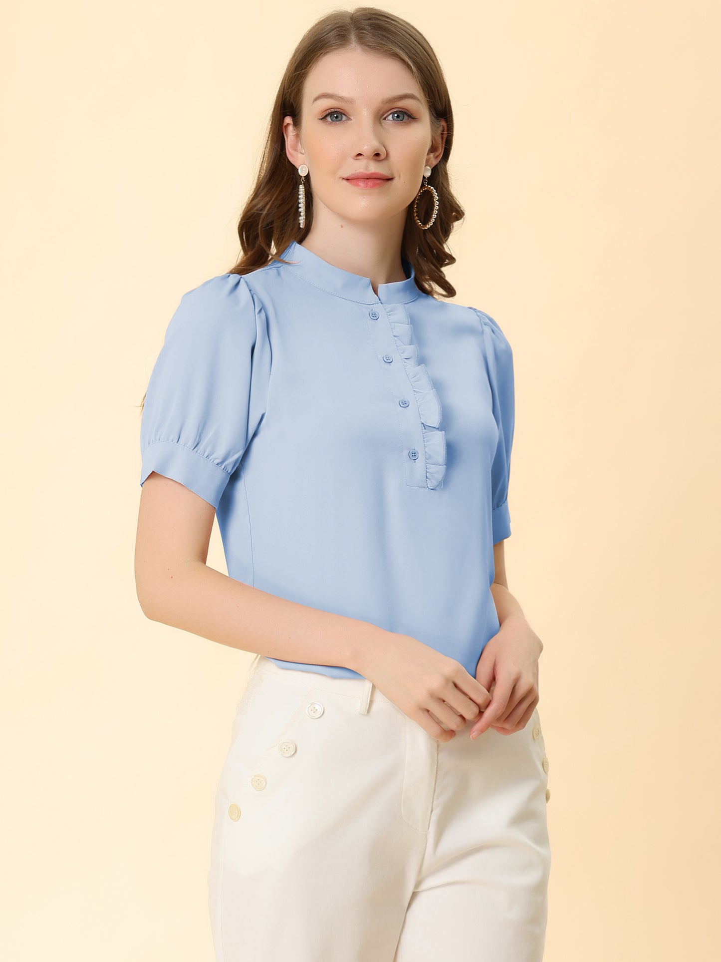Women's Retrp Workwear Half Placket Puff Sleeve Ruffled Blouse Top
