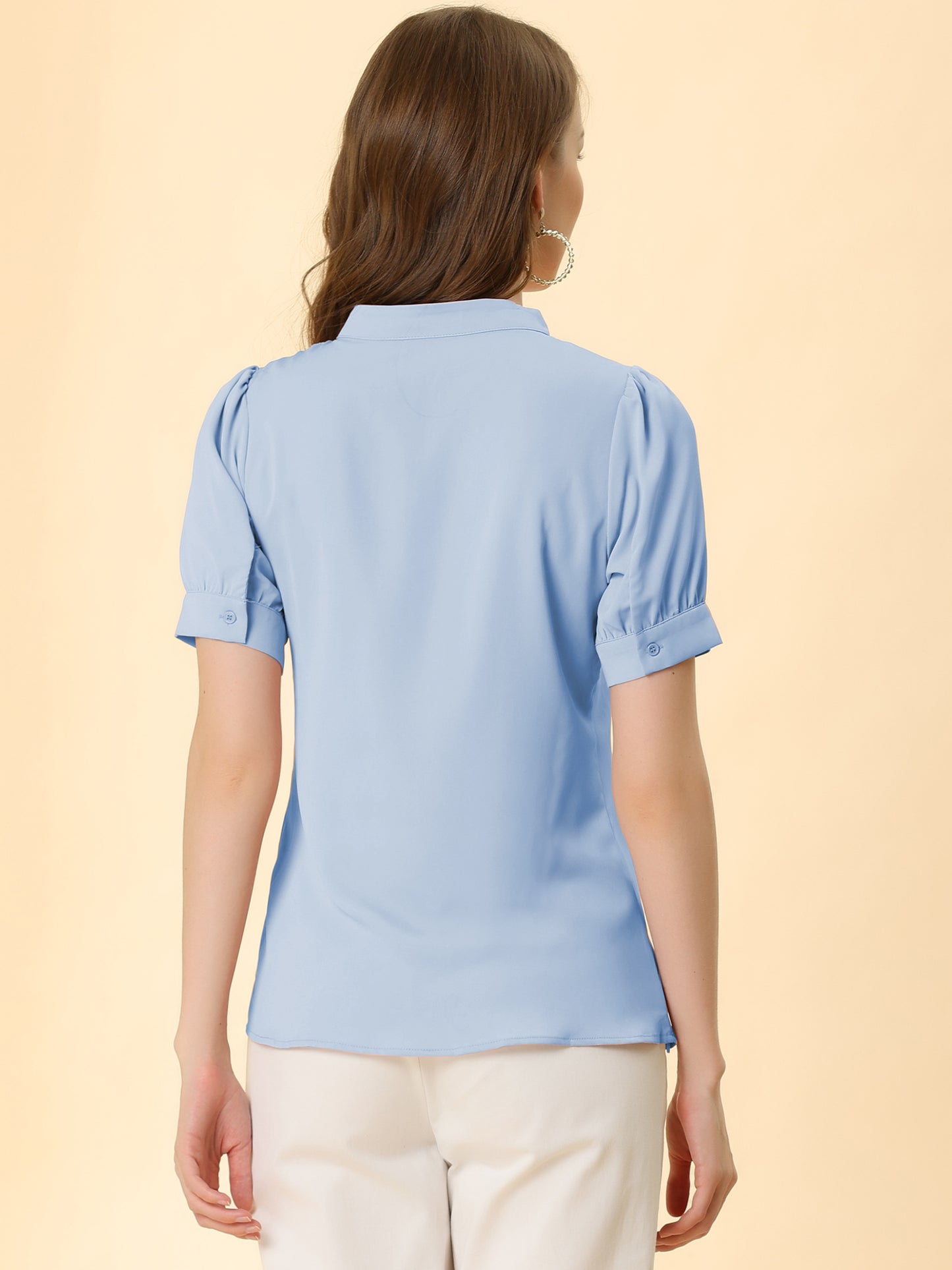 Women's Retrp Workwear Half Placket Puff Sleeve Ruffled Blouse Top