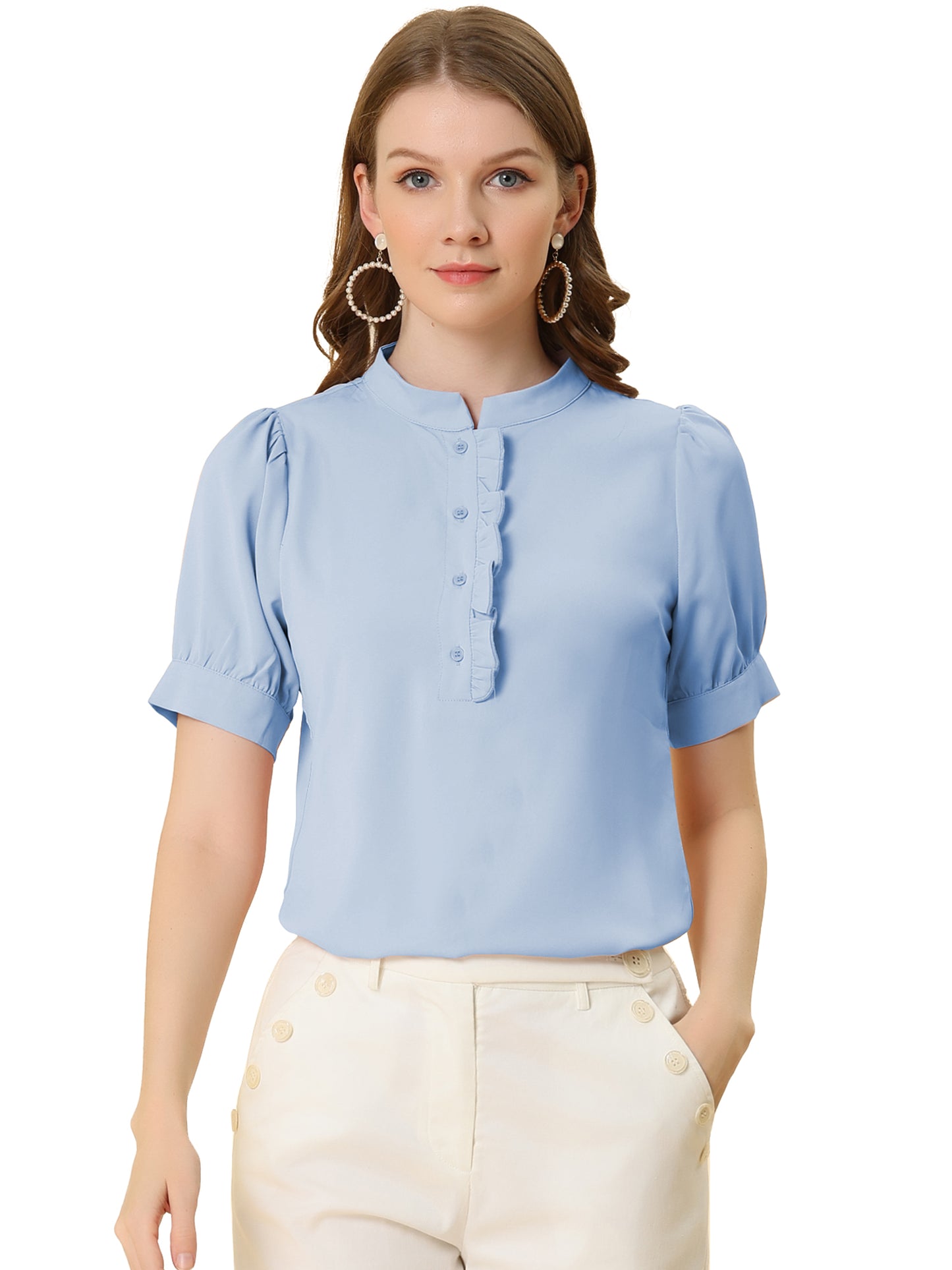 Women's Retrp Workwear Half Placket Puff Sleeve Ruffled Blouse Top