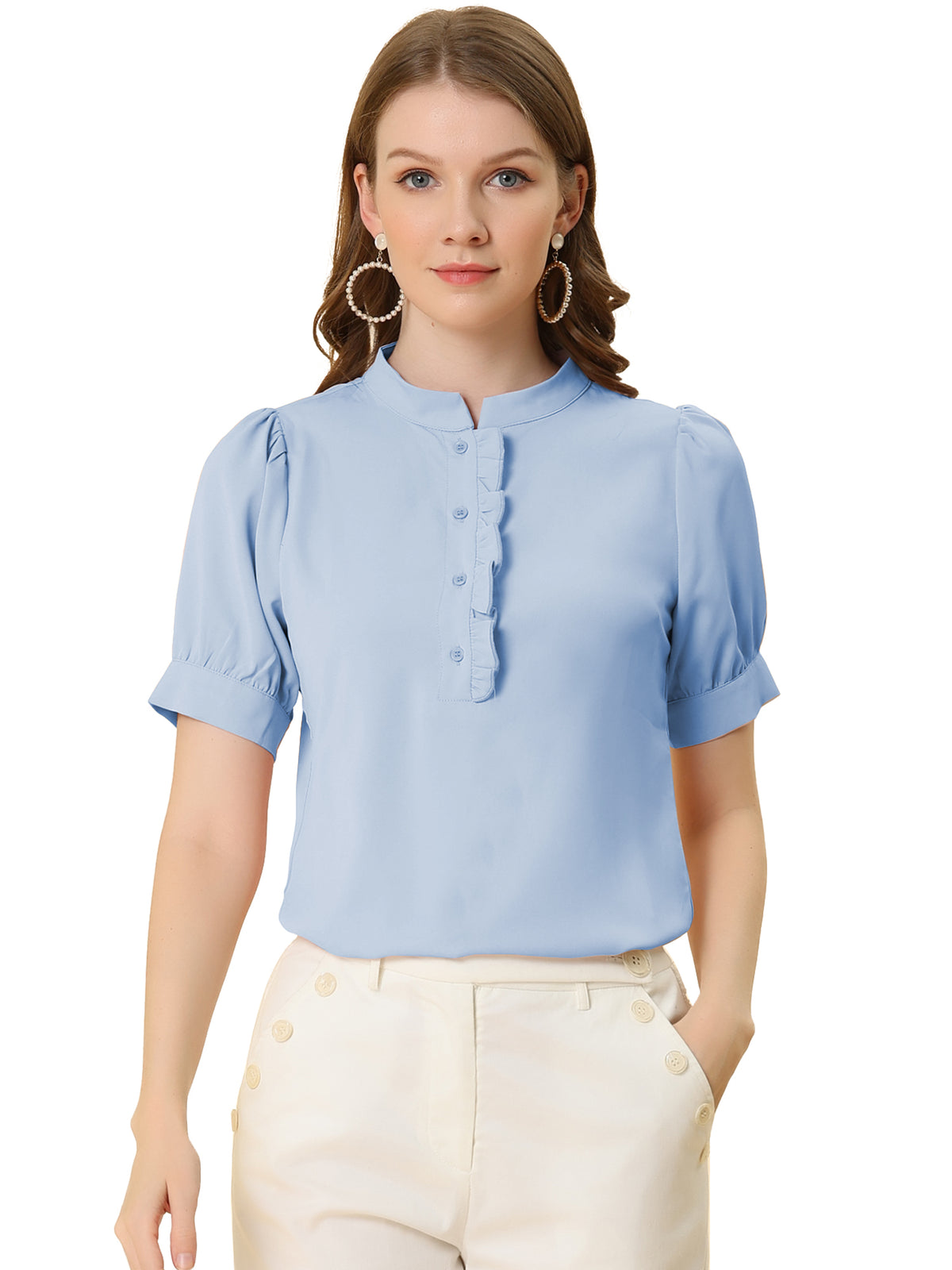 Women's Workwear Half Placket Puff Sleeve Ruffled Blouse Top