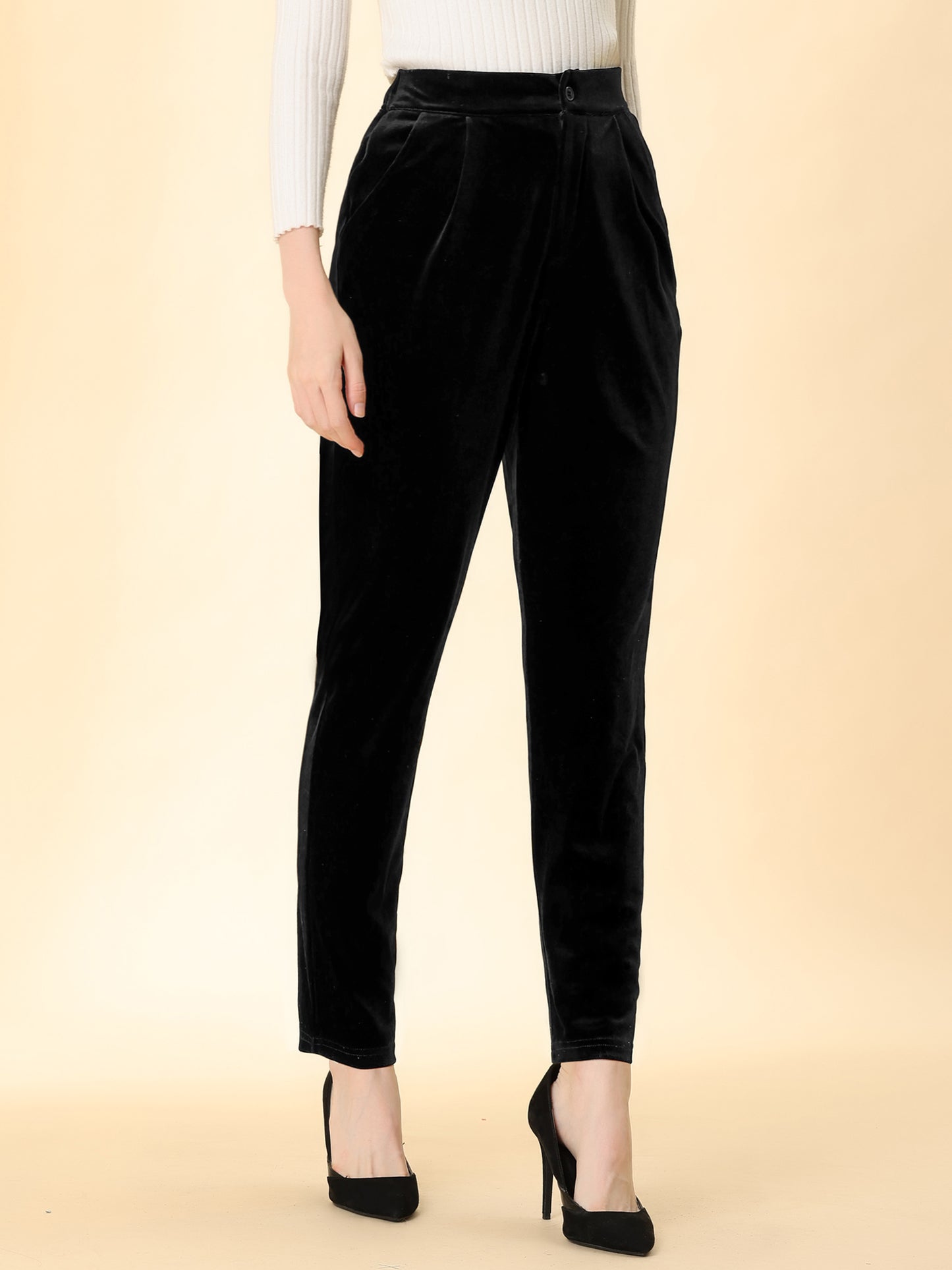 Women's Velvet Elegant High Waist Trousers with Pockets Work Ankle Pants