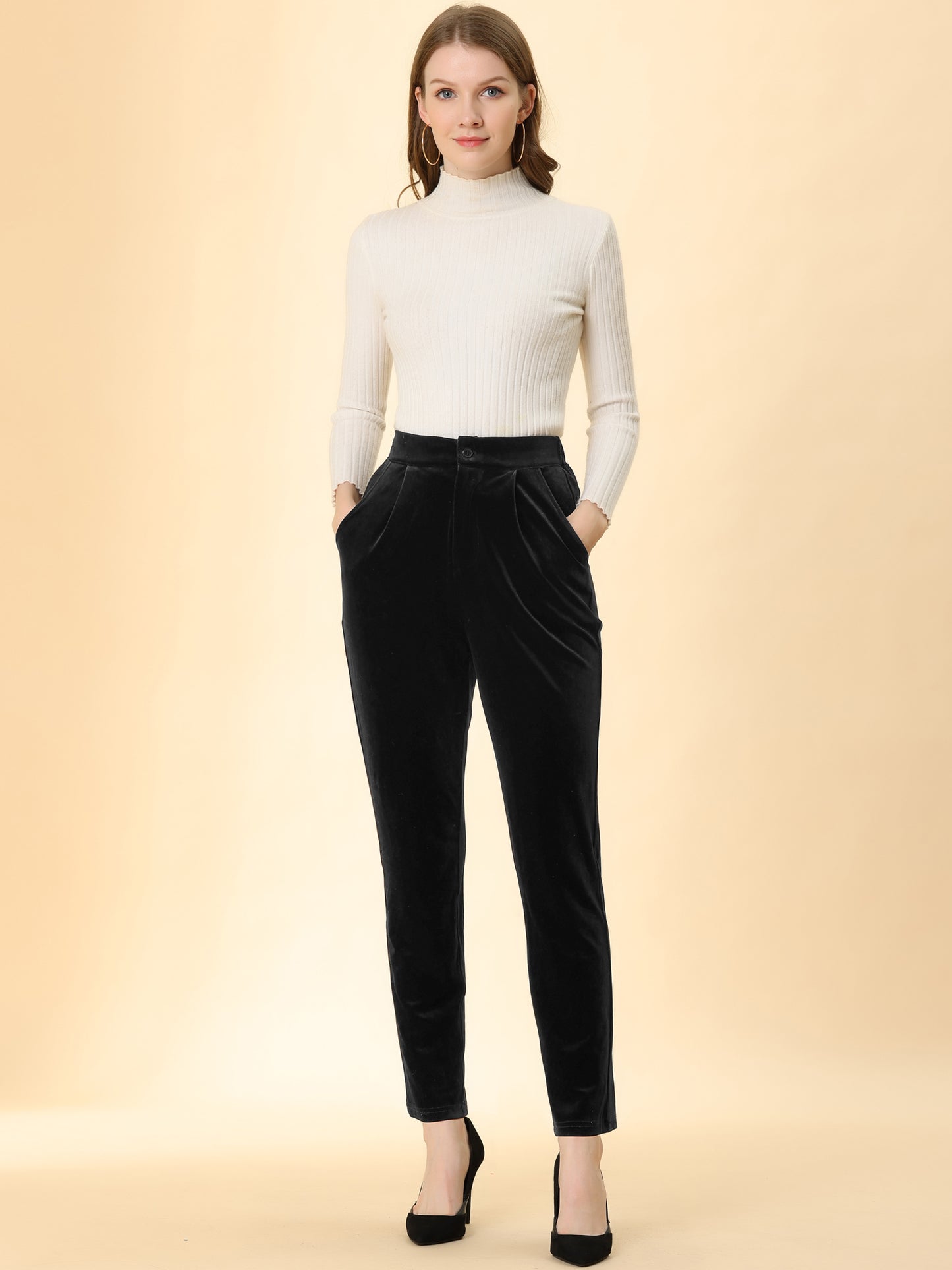 Women's Velvet Elegant High Waist Trousers with Pockets Work Ankle Pants