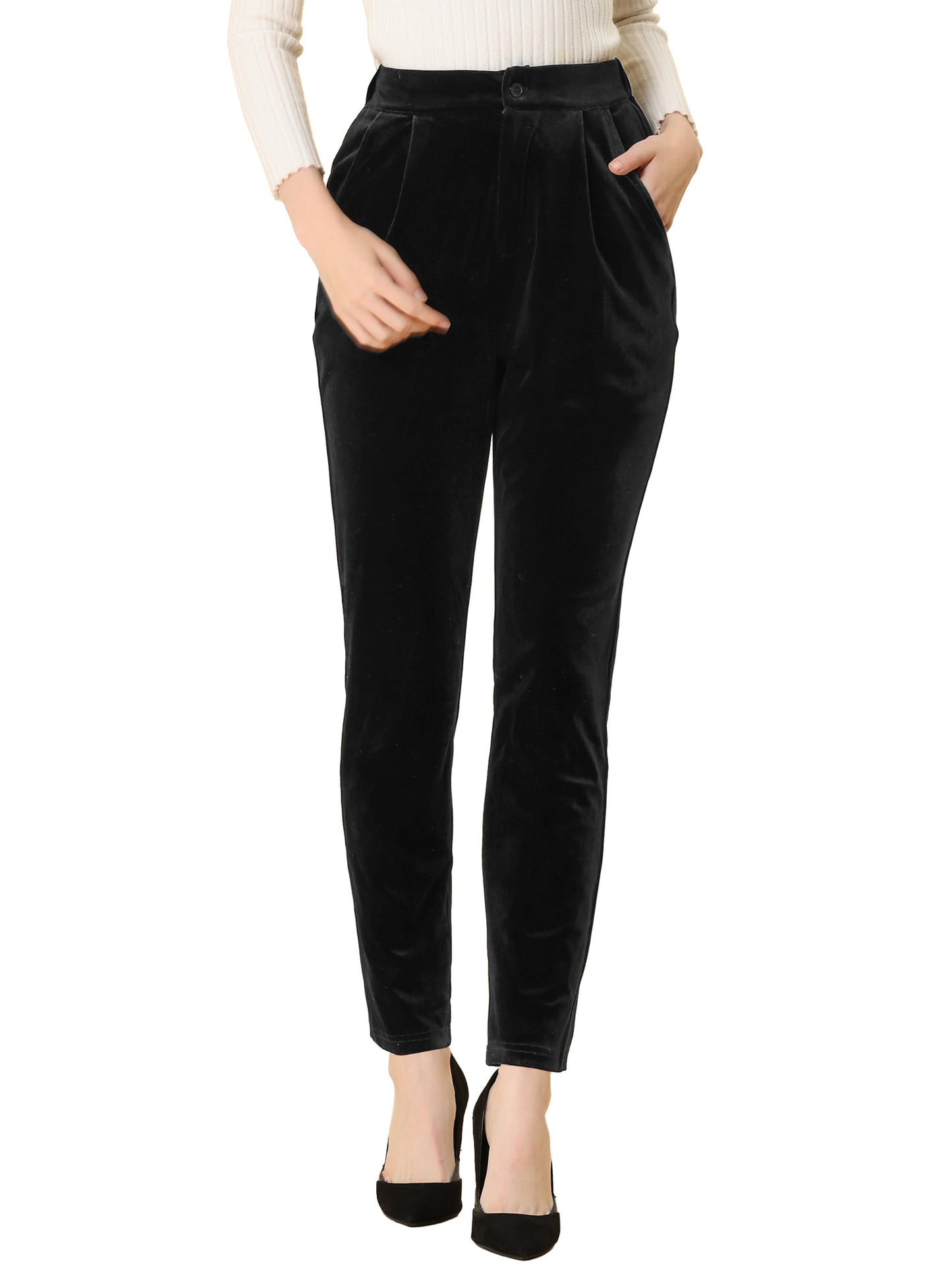 Women's Velvet Elegant High Waist Trousers with Pockets Work Ankle Pants