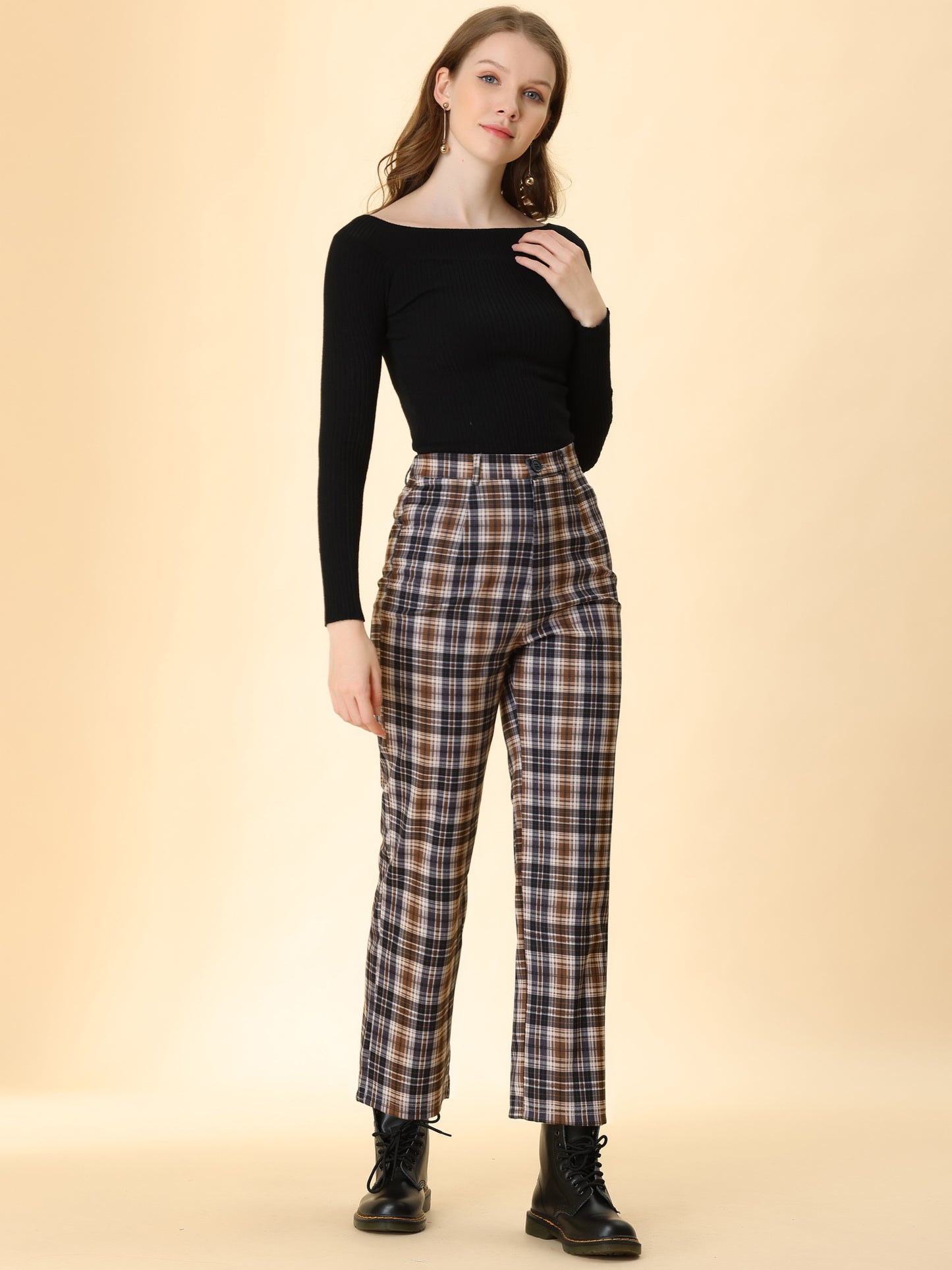 Women's Plaid Cropped Trousers Button Casual Tartan Check Work Pants (Available in Plus Size)