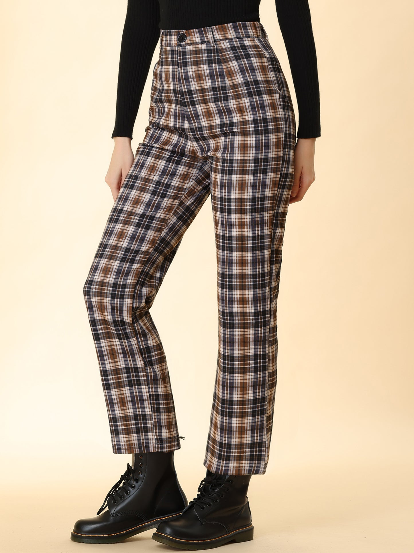 Women's Plaid Cropped Trousers Button Casual Tartan Check Work Pants (Available in Plus Size)