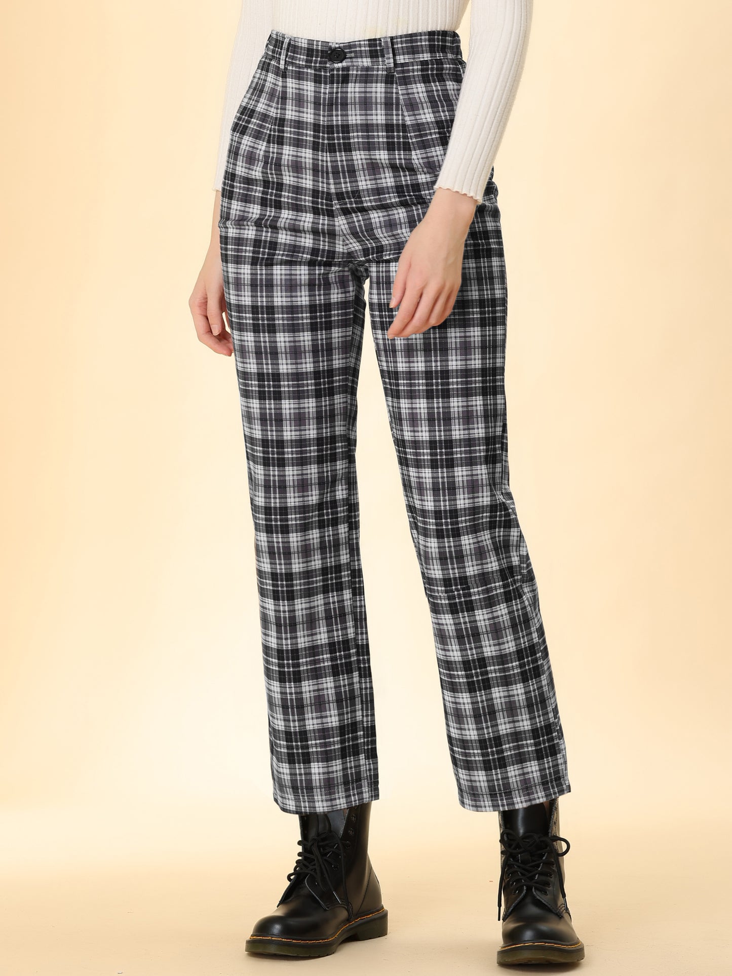 Women's Plaid Cropped Trousers Button Casual Tartan Check Work Pants (Available in Plus Size)