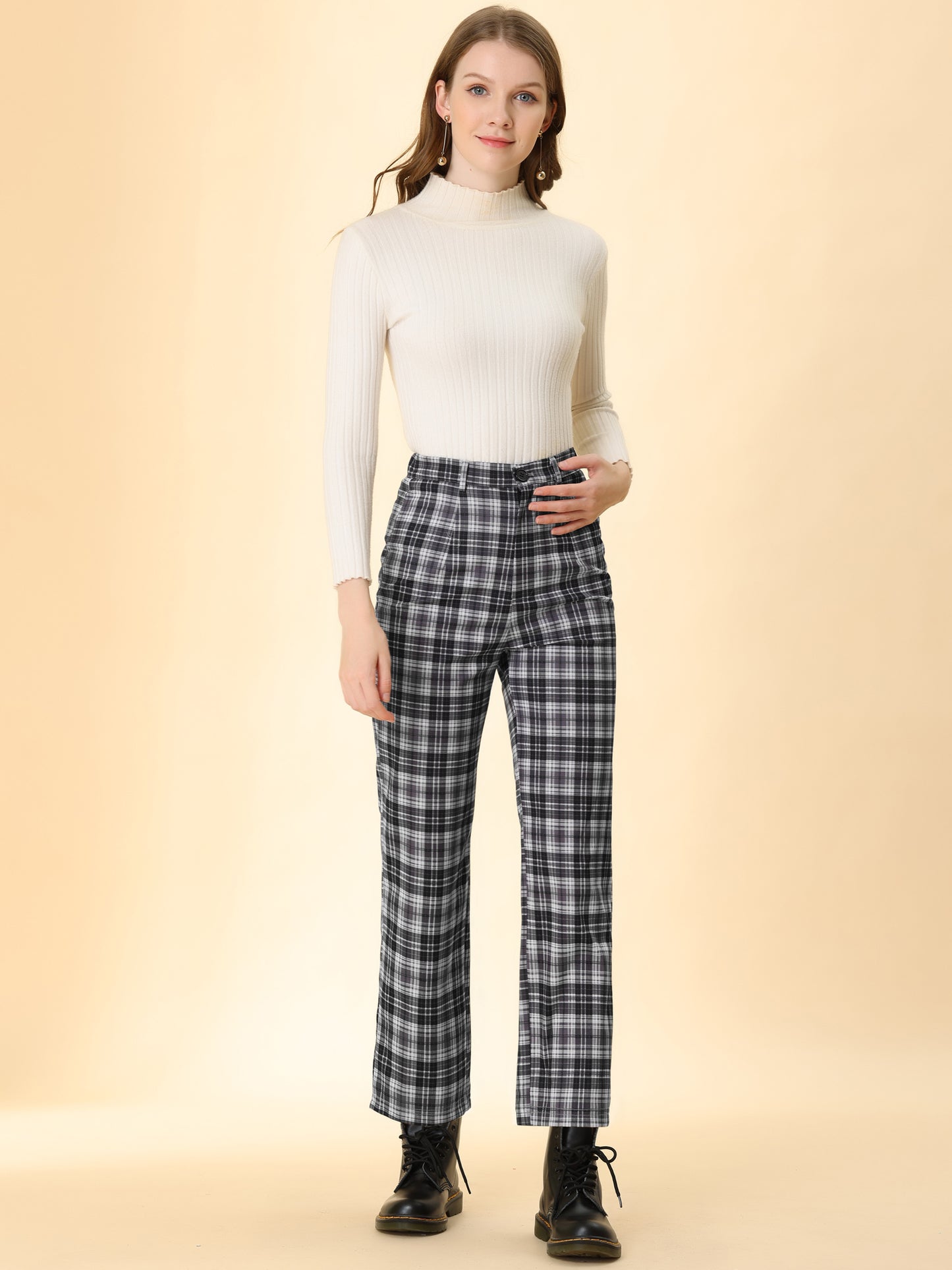 Women's Plaid Cropped Trousers Button Casual Tartan Check Work Pants (Available in Plus Size)