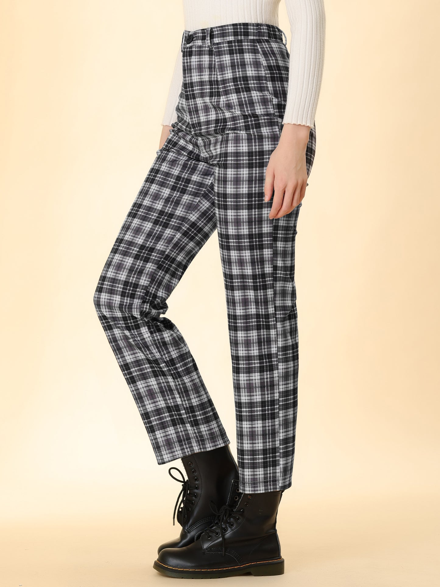 Women's Plaid Cropped Trousers Button Casual Tartan Check Work Pants (Available in Plus Size)