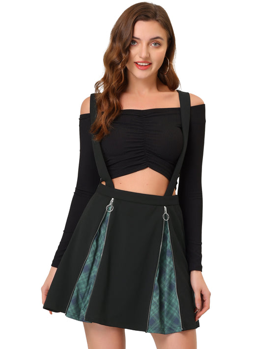 Women's Plaid Zipper Removable Straps Overall Suspender Skirt