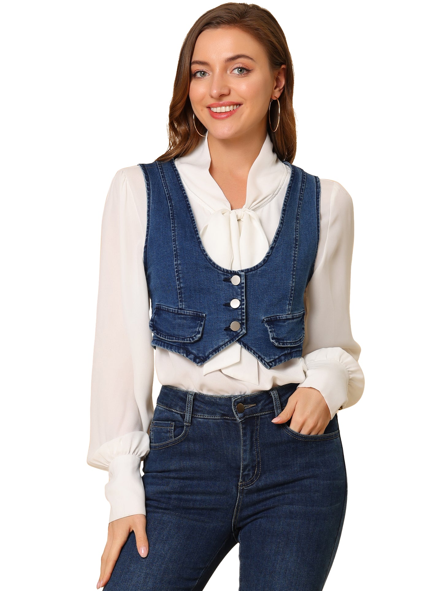Women's Denim Vest Vintage Button Up Sleeveless Crop Jean Vest Waistcoat
