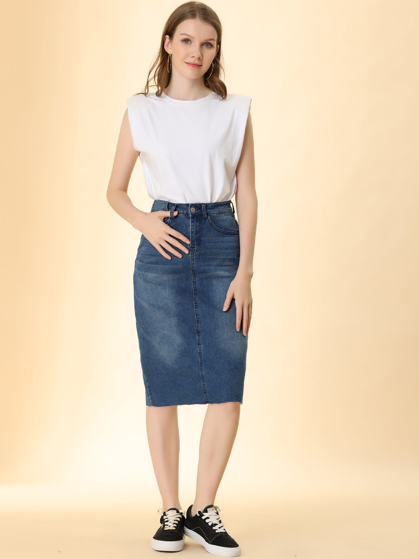 Women's Casual Jean Skirt High Waist Back Slit Stretch Denim Skirt (Available in Plus Size)