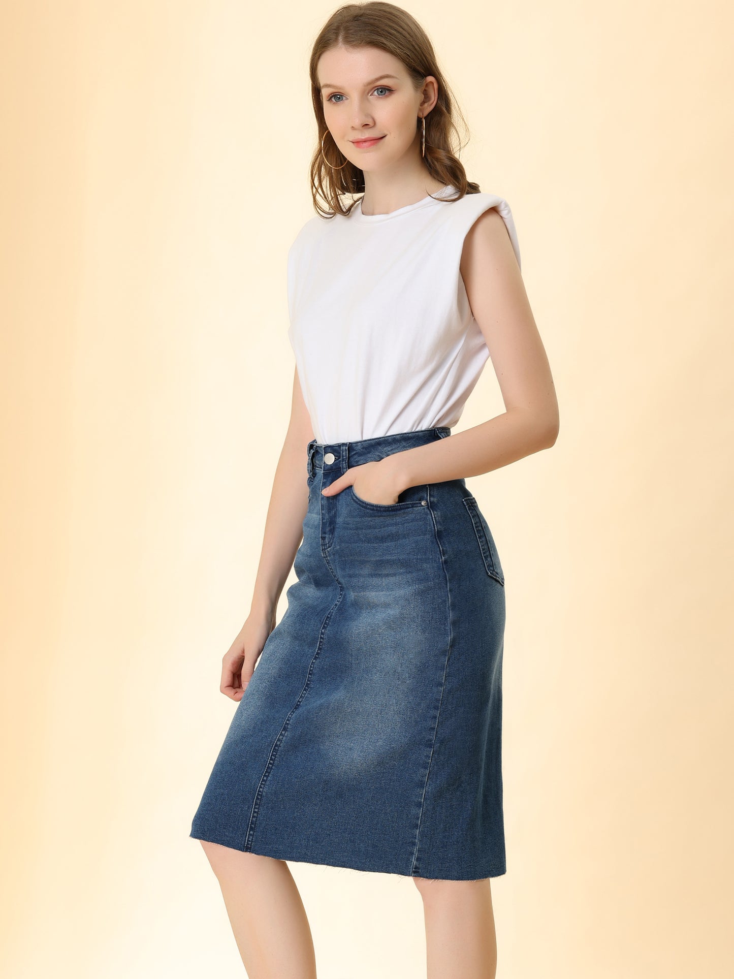 Women's Casual Jean Skirt High Waist Back Slit Stretch Denim Skirt (Available in Plus Size)