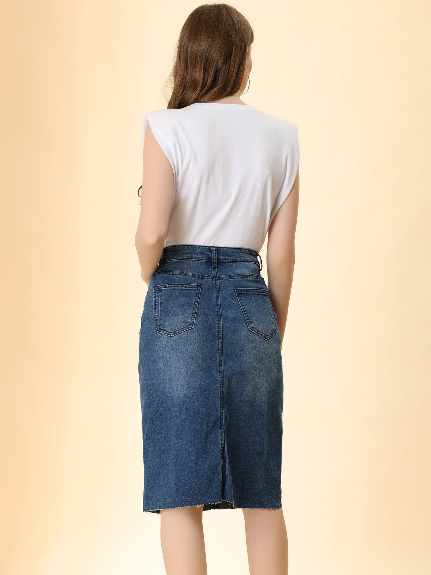 Women's Casual Jean Skirt High Waist Back Slit Stretch Denim Skirt (Available in Plus Size)