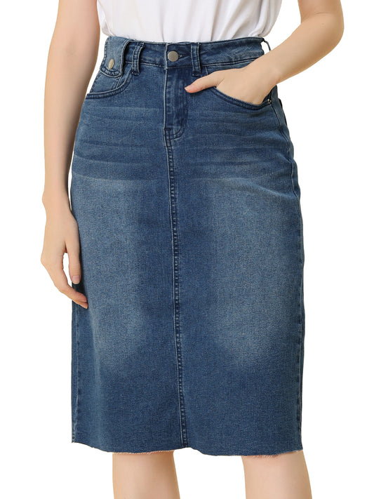 Women's Casual Jean Skirt High Waist Back Slit Stretch Denim Skirt (Available in Plus Size)
