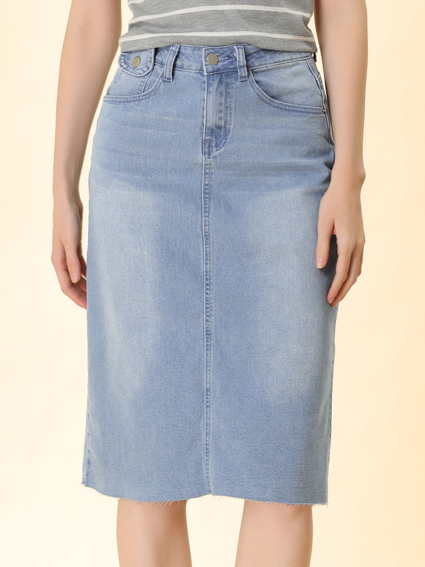 Women's Casual Jean Skirt High Waist Back Slit Stretch Denim Skirt (Available in Plus Size)