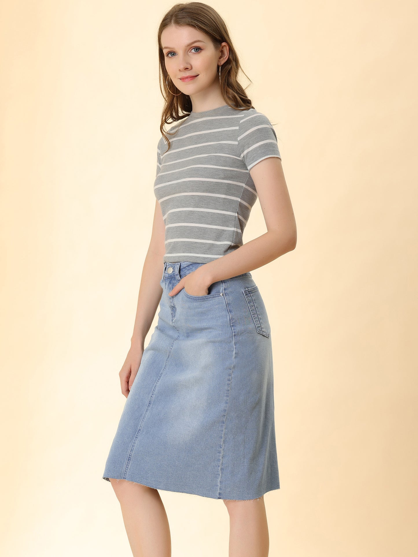 Women's Casual Jean Skirt High Waist Back Slit Stretch Denim Skirt (Available in Plus Size)