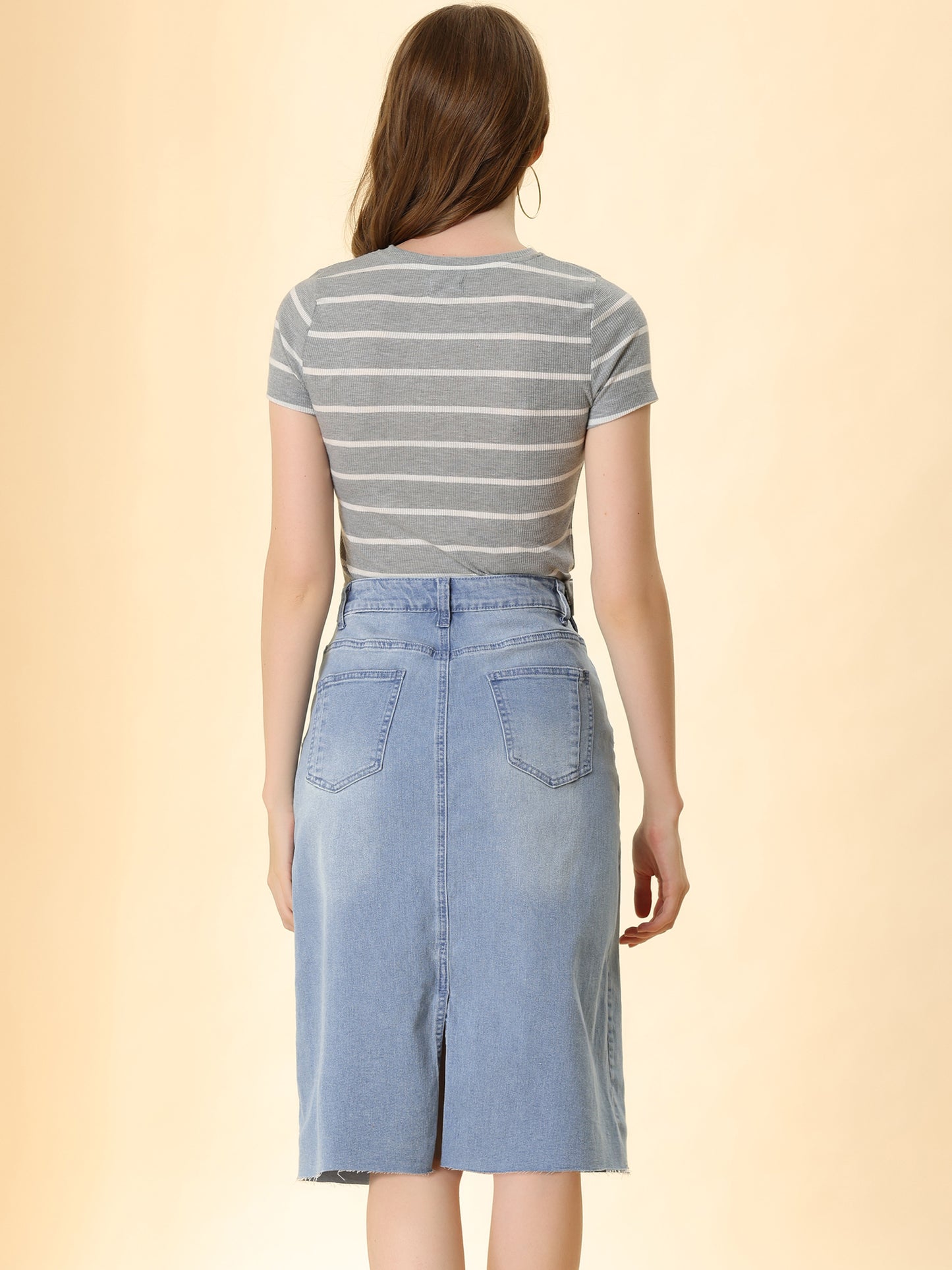 Women's Casual Jean Skirt High Waist Back Slit Stretch Denim Skirt (Available in Plus Size)