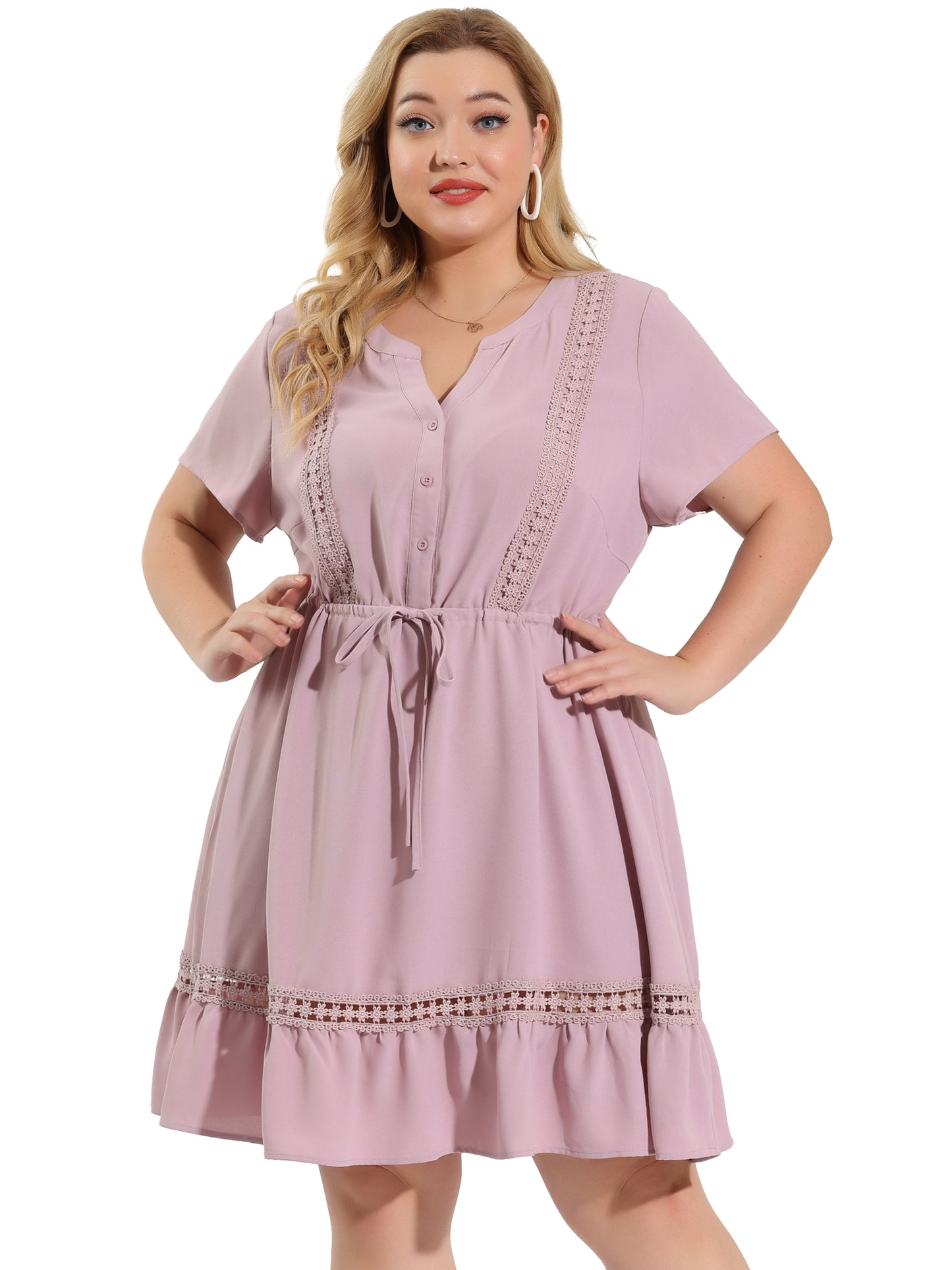 Women Plus Size Button V Neck Summer Midi Ruffle A Line Swing Dress