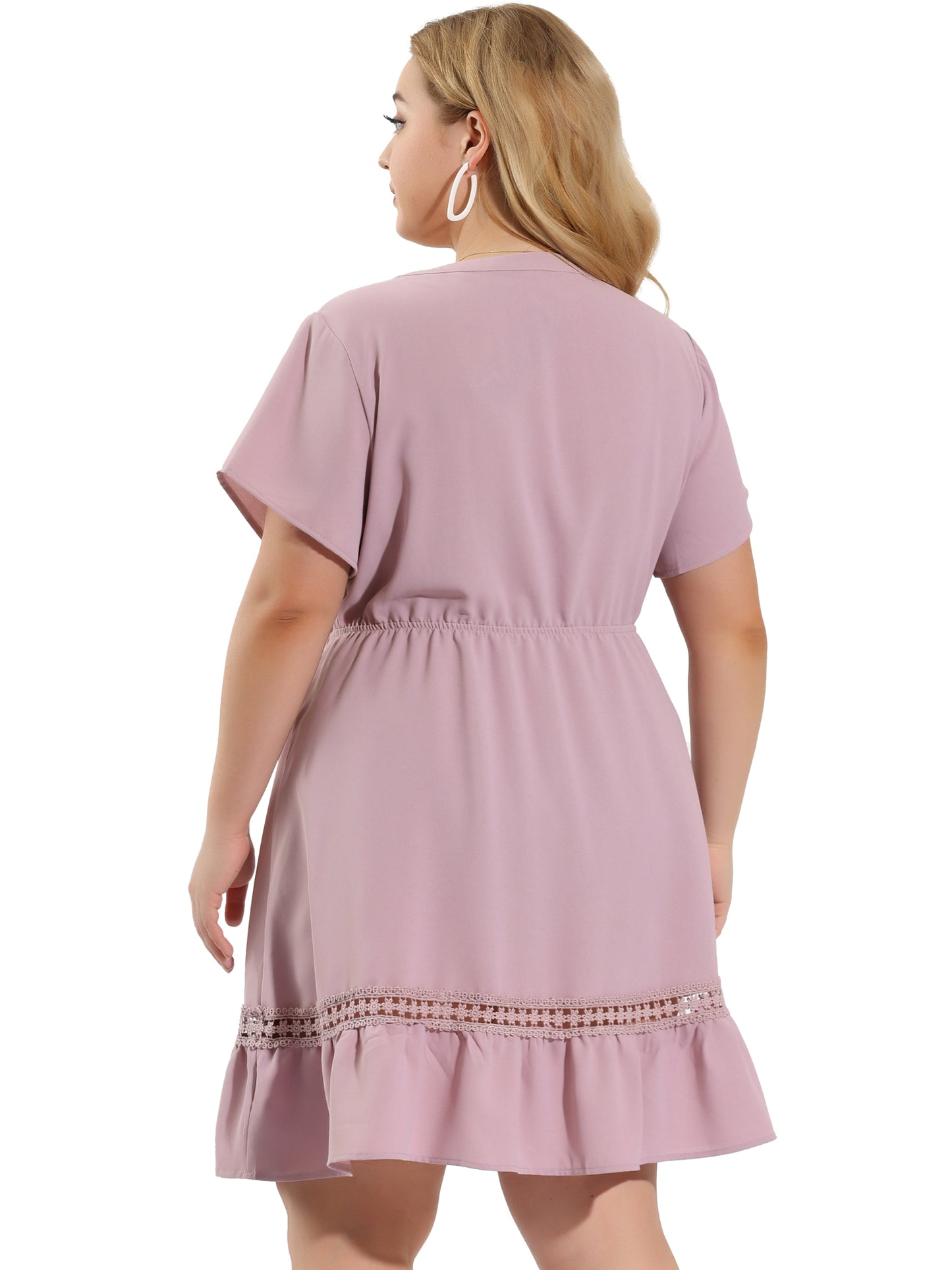 Women Plus Size Button V Neck Summer Midi Ruffle A Line Swing Dress