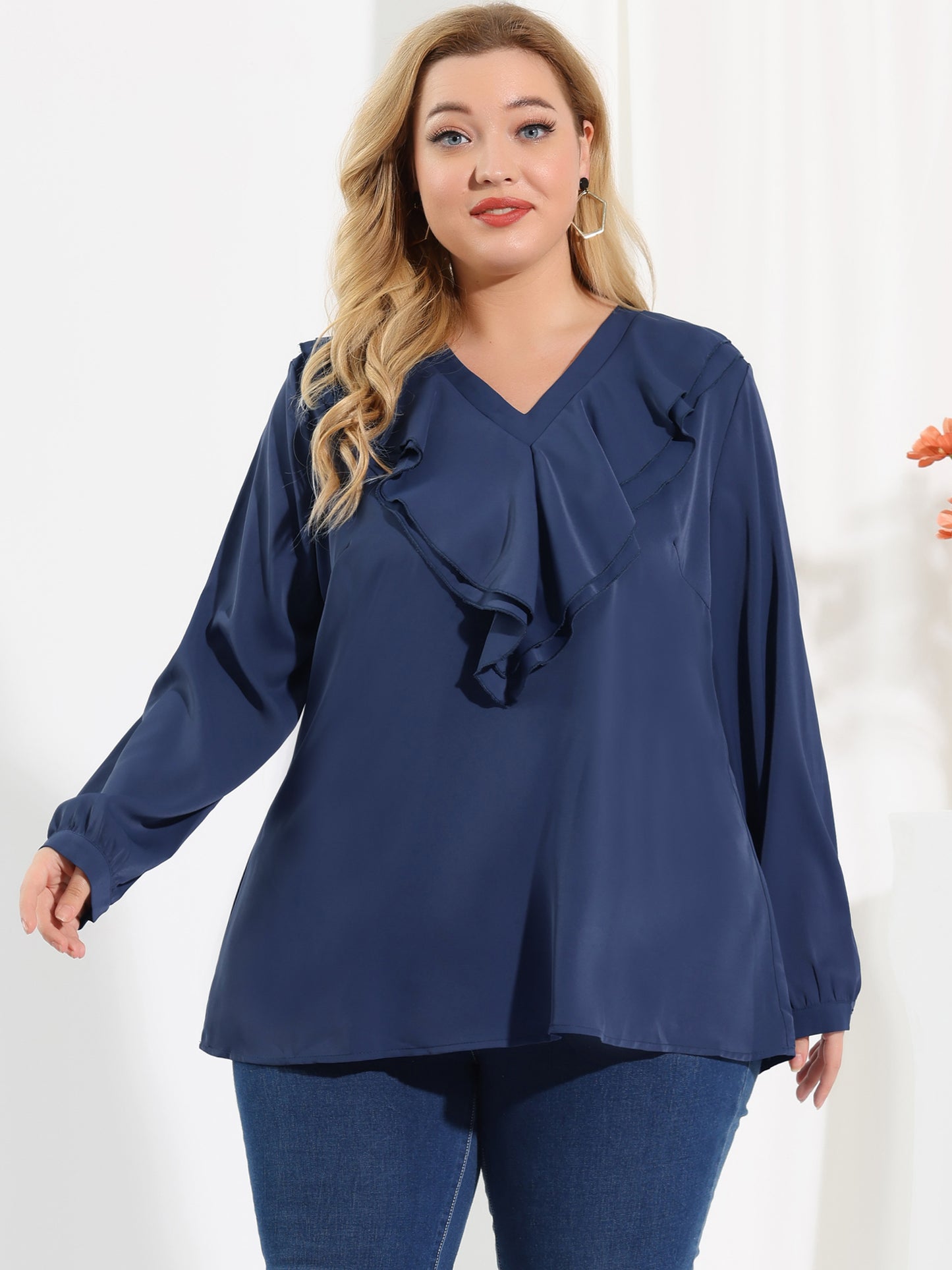Women's Plus Size Ruffle Blouse Chiffon V Neck Long Sleeve Top