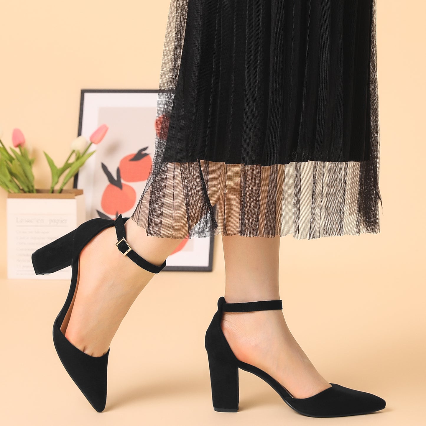 Zapatos de tacón de bloque con punta puntiaguda y tira al tobillo para mujer