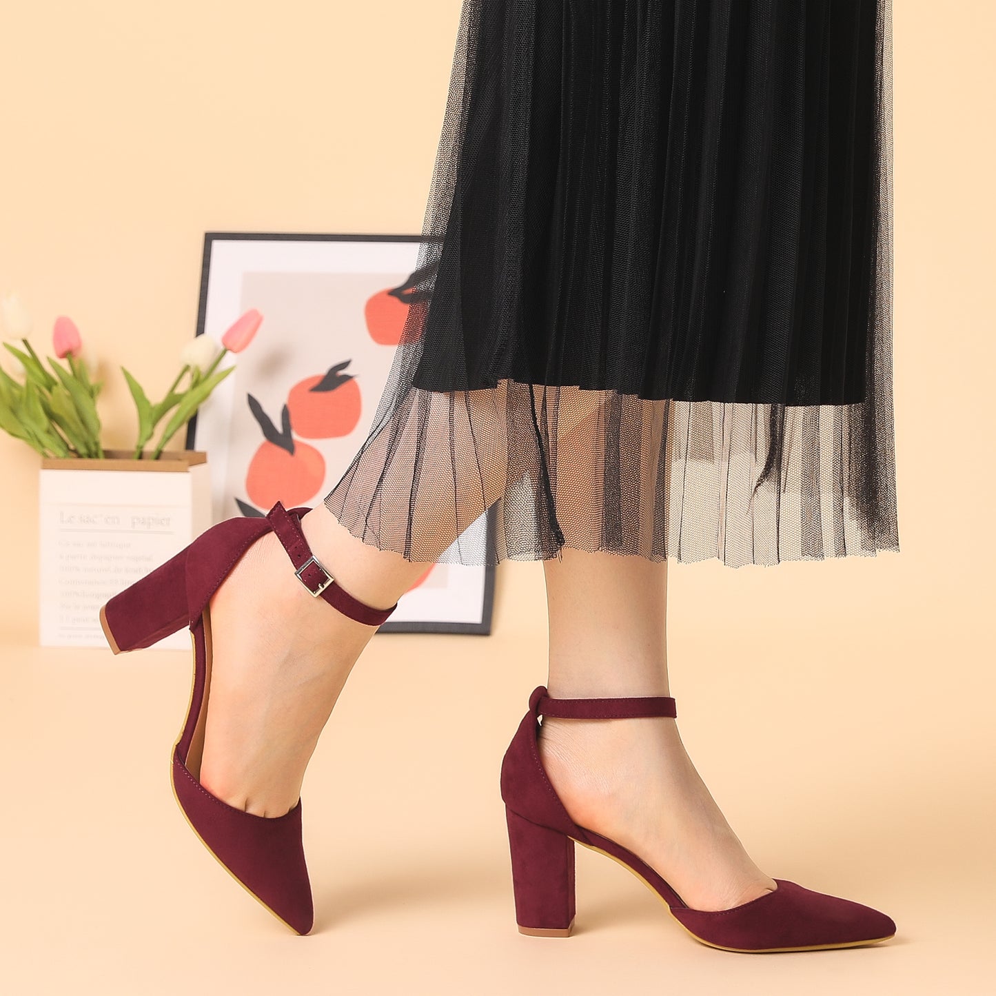 Zapatos de tacón de bloque con punta puntiaguda y tira al tobillo para mujer