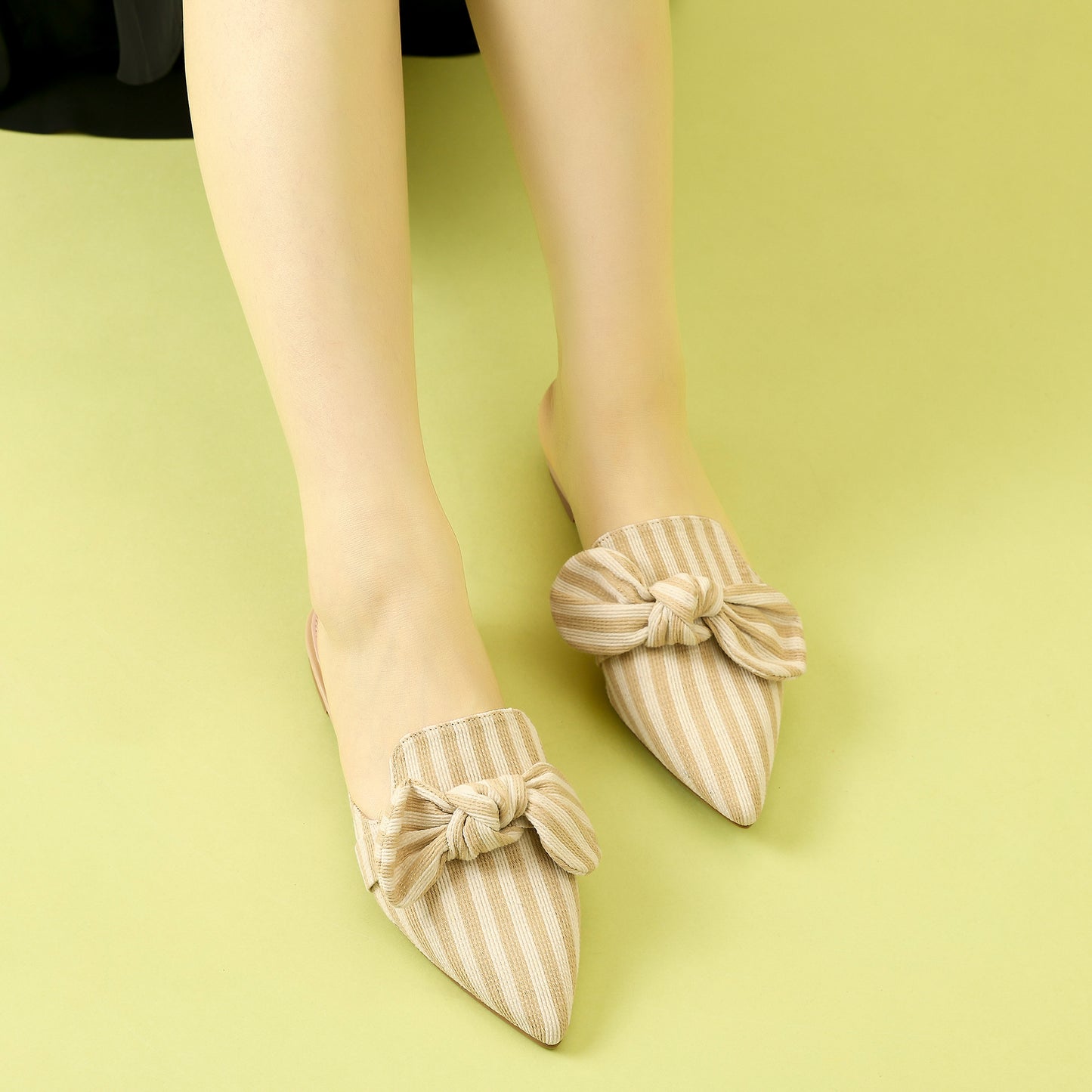 Women's Pointed Toe Slip on Flat Stripe Bow Slides Mules